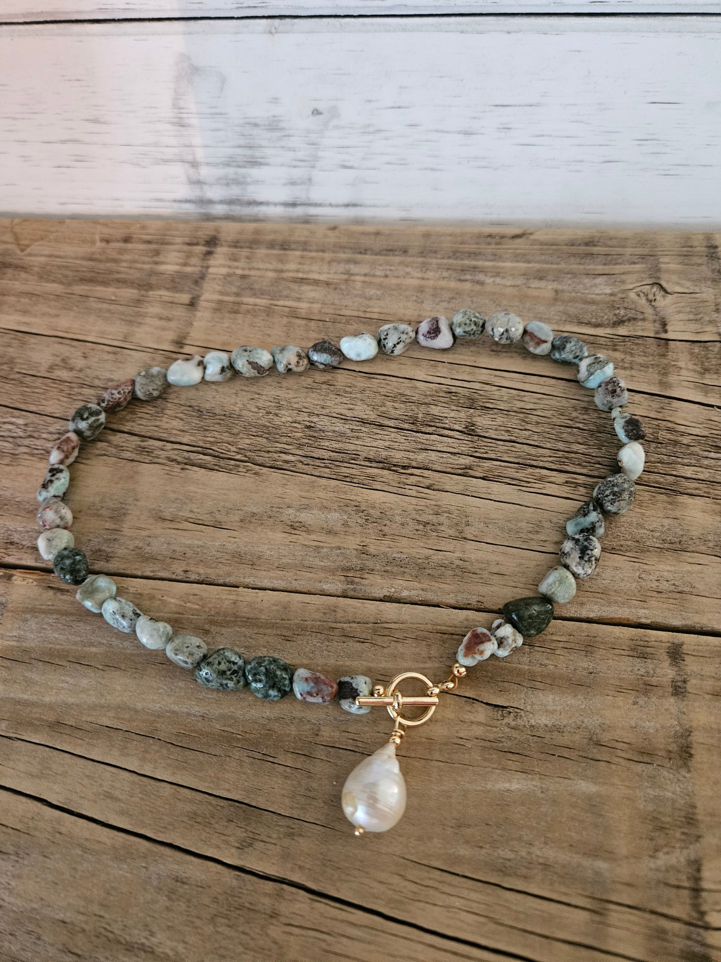 Boho Beach Larimar Nugget Toggle Freshwater Baroque Pearl Necklace