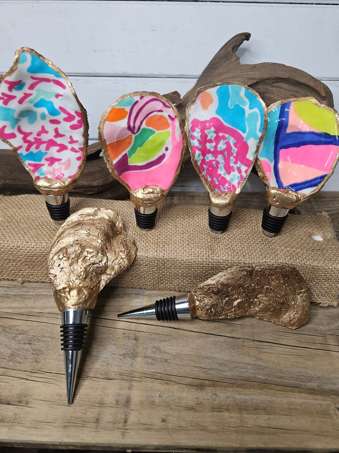 Lilly Print Decoupage Oyster Shell Wine Bottle Stopper | Coastal Hostess Gift