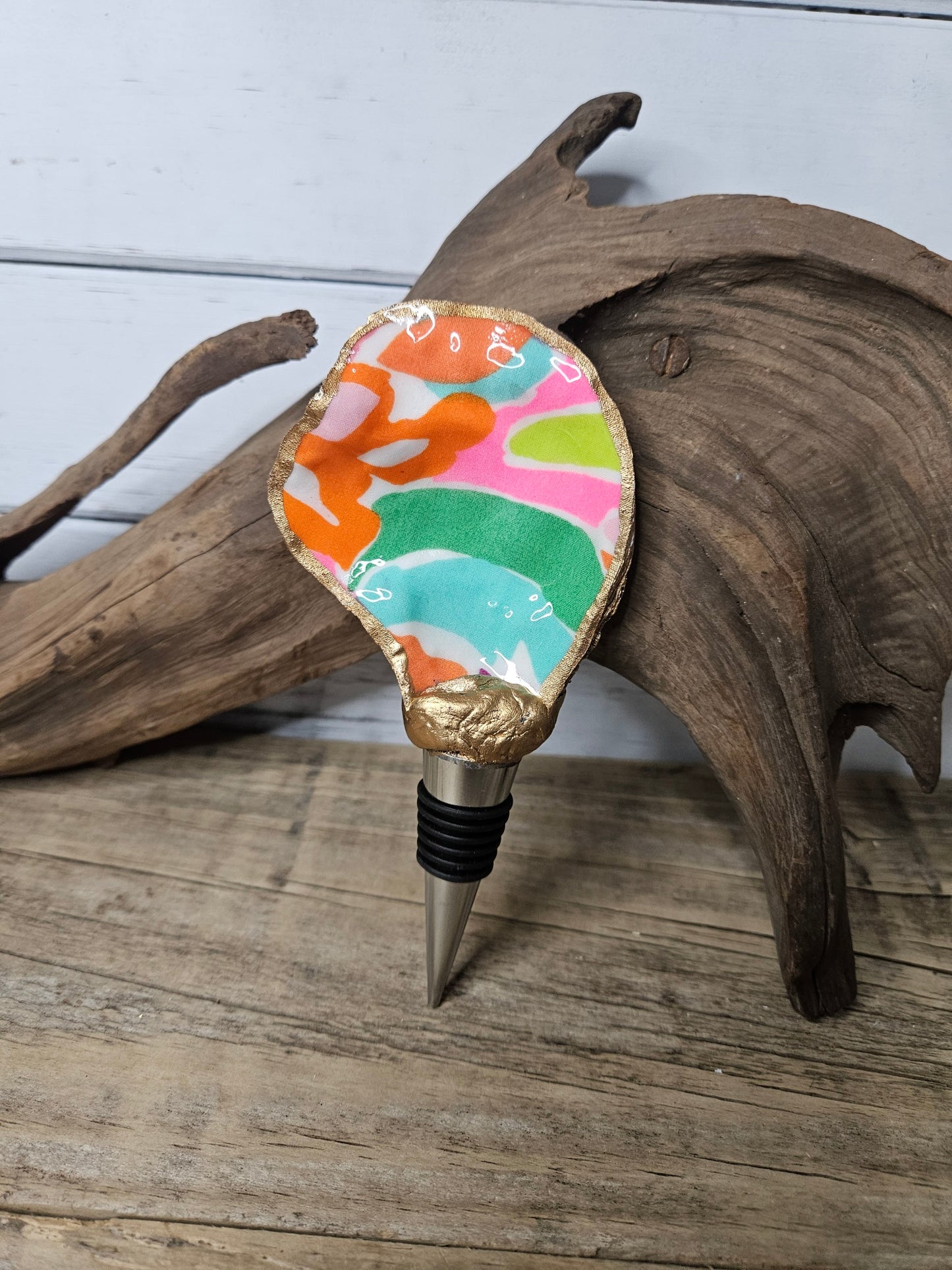 Lilly Print Decoupage Oyster Shell Wine Bottle Stopper | Coastal Hostess Gift