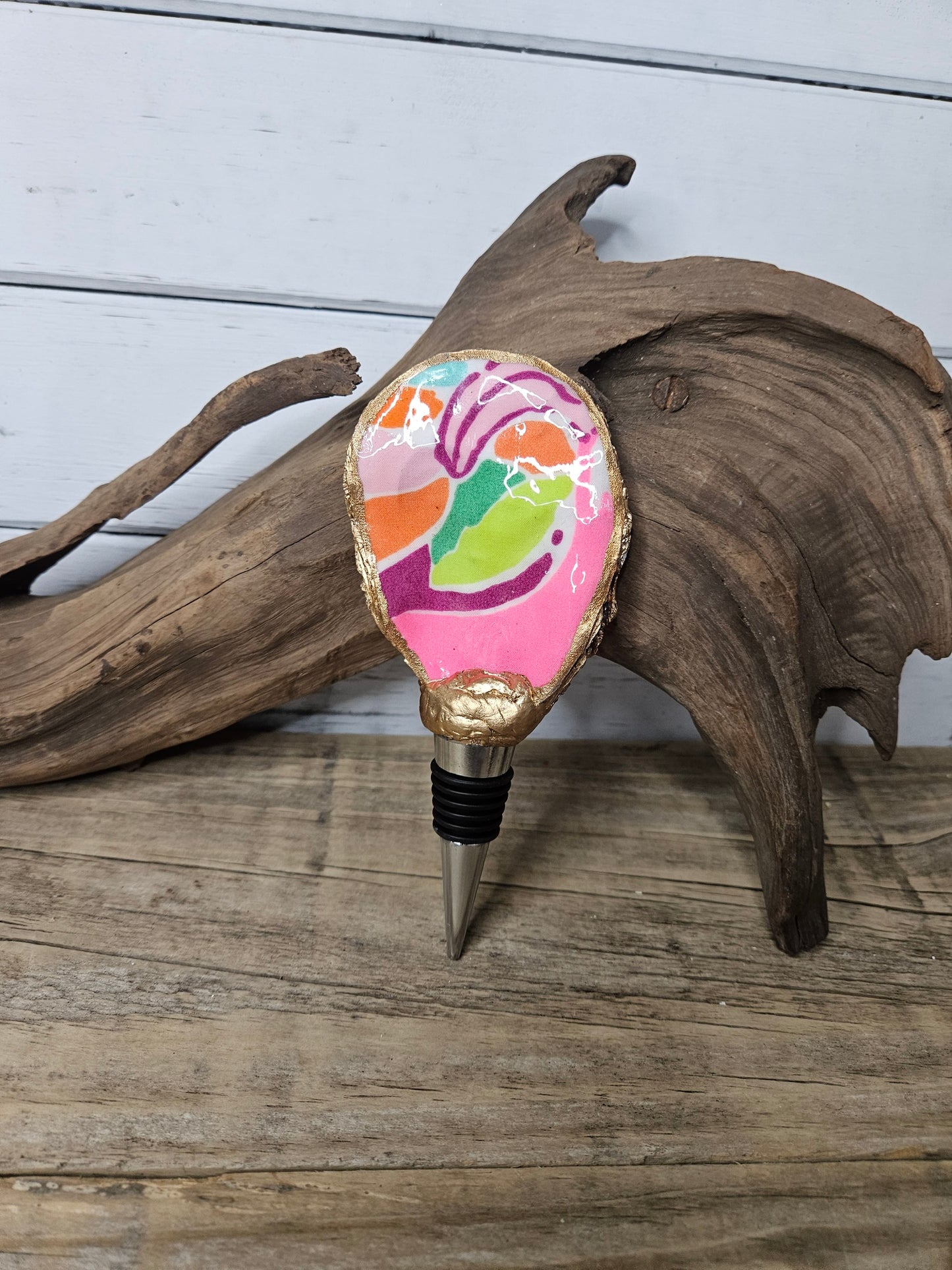 Lilly Print Decoupage Oyster Shell Wine Bottle Stopper | Coastal Hostess Gift