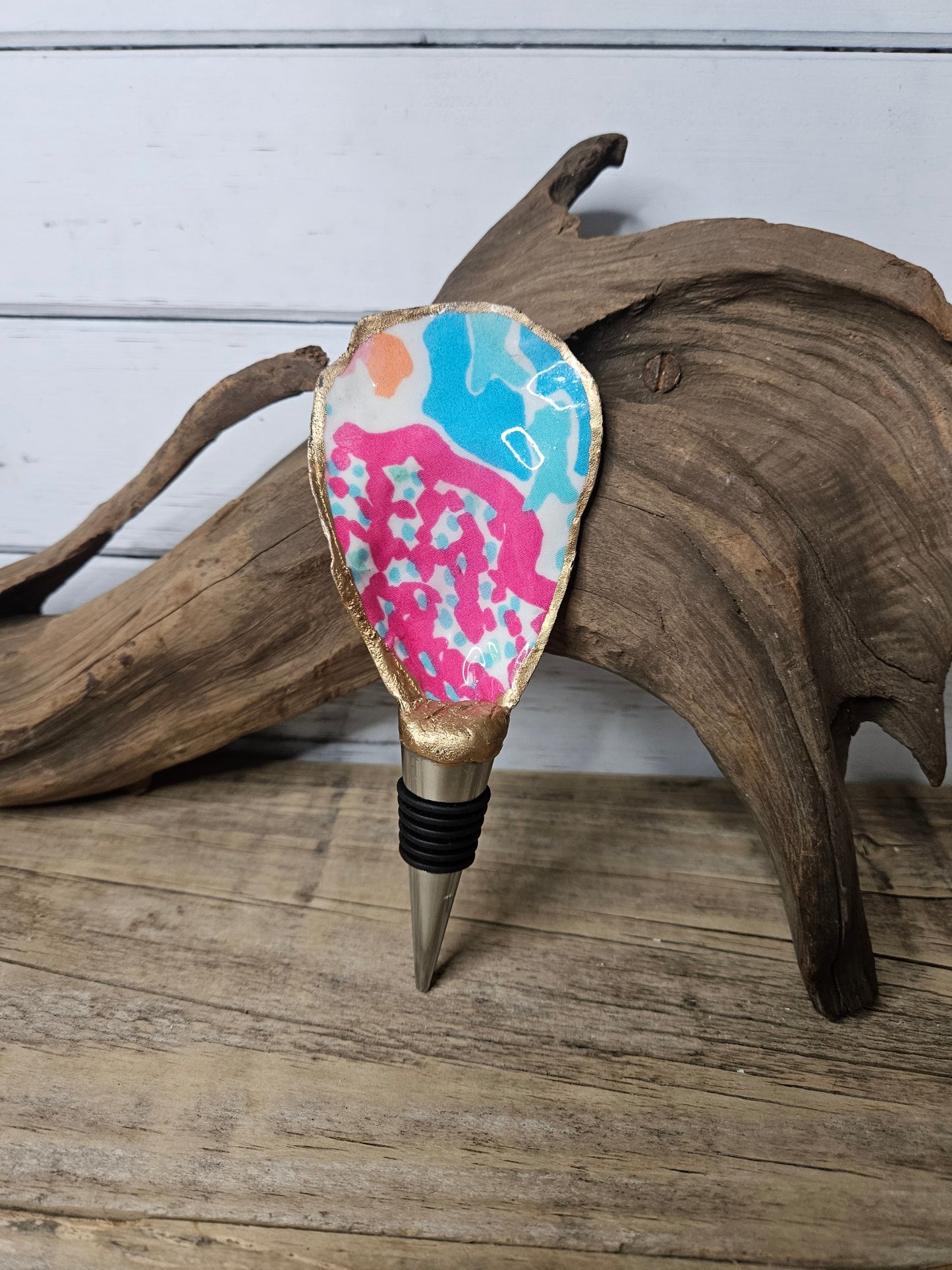 Lilly Print Decoupage Oyster Shell Wine Bottle Stopper | Coastal Hostess Gift