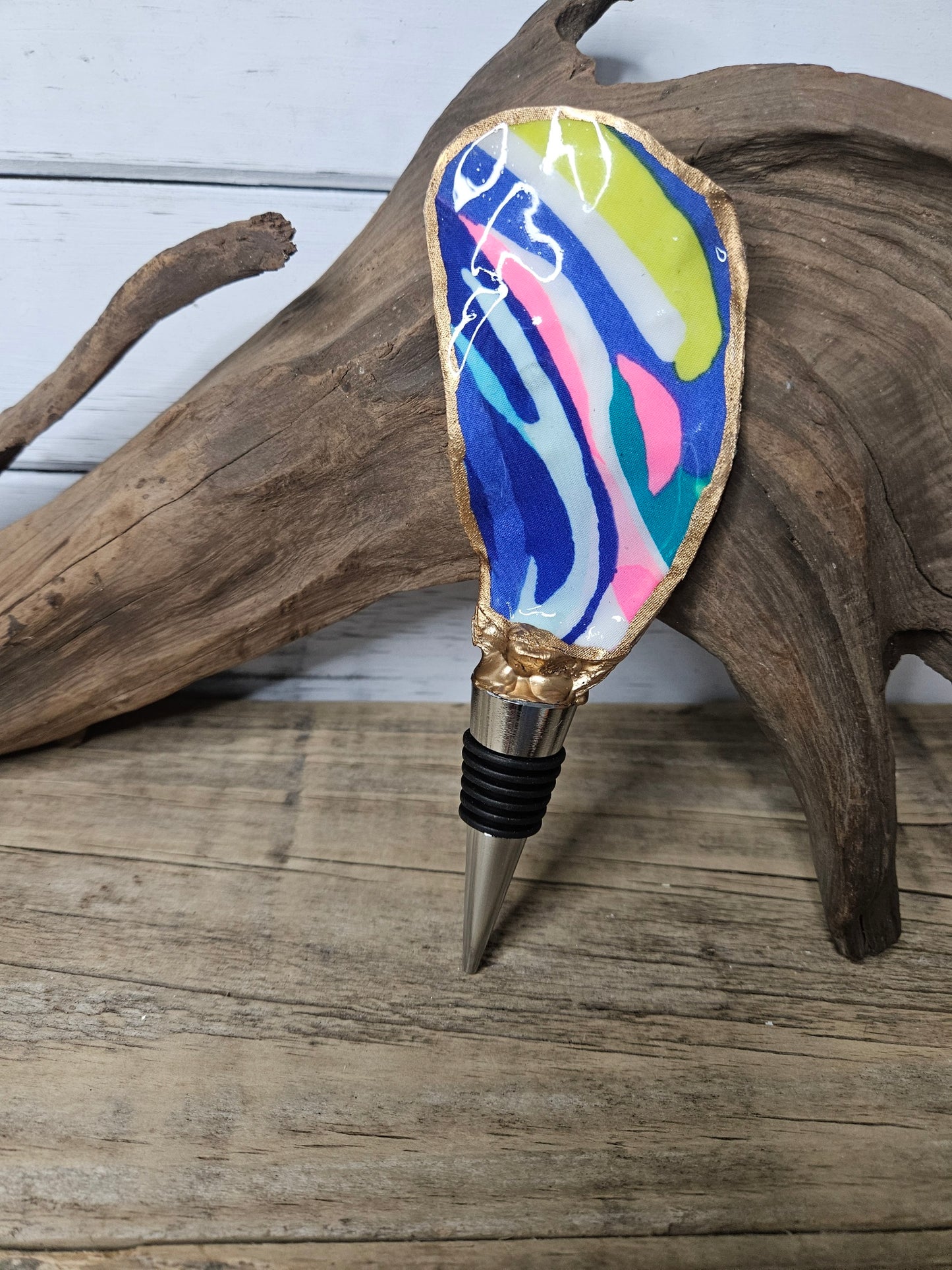 Lilly Print Decoupage Oyster Shell Wine Bottle Stopper | Coastal Hostess Gift