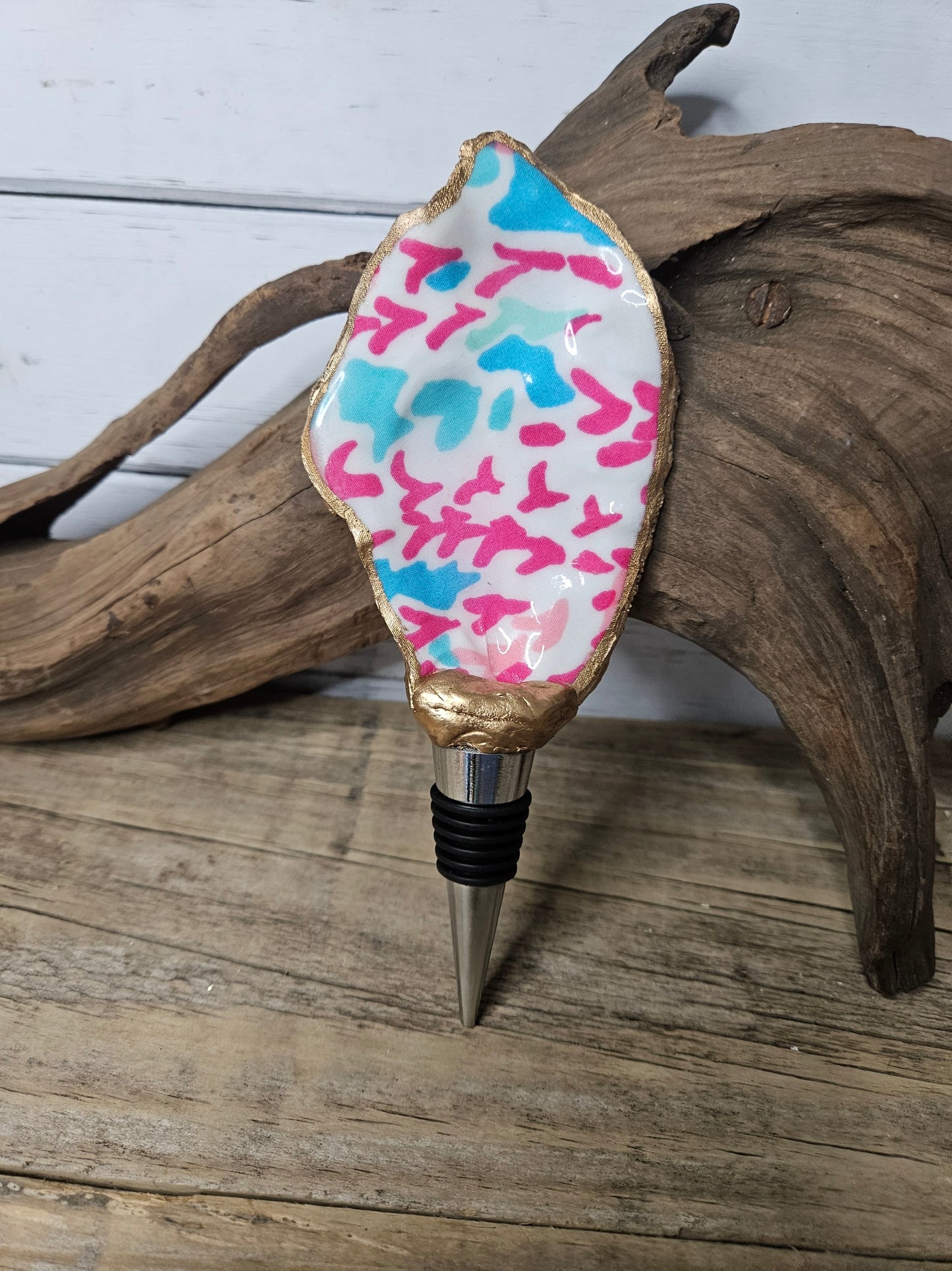 Lilly Print Decoupage Oyster Shell Wine Bottle Stopper | Coastal Hostess Gift