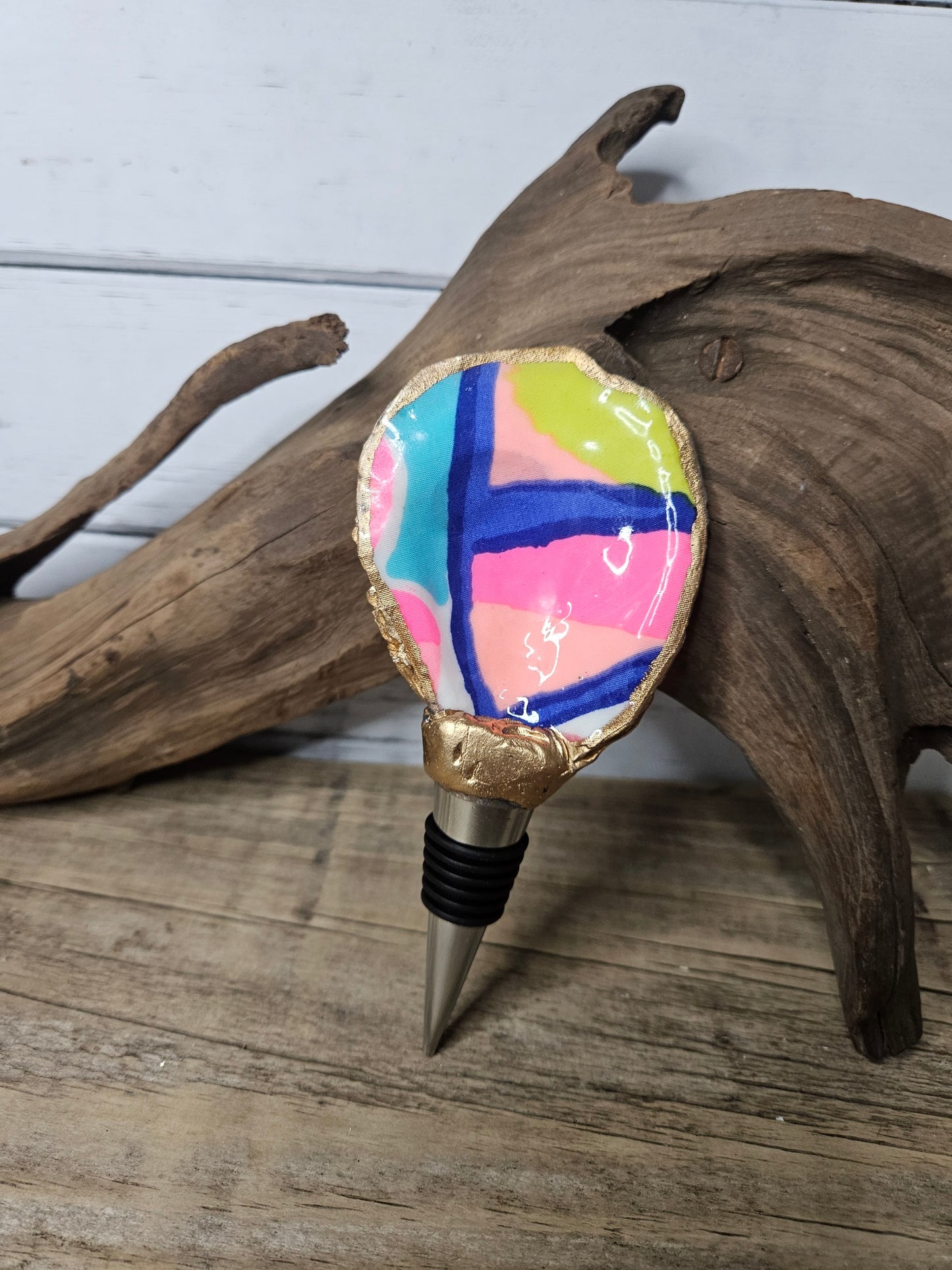 Lilly Print Decoupage Oyster Shell Wine Bottle Stopper | Coastal Hostess Gift