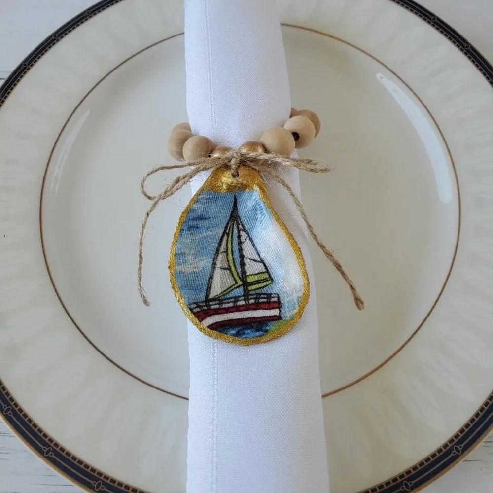 Decoupage Oyster Shell Sailboat Nautical Napkin Rings