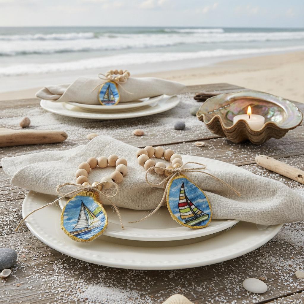 Decoupage Oyster Shell Sailboat Nautical Napkin Rings