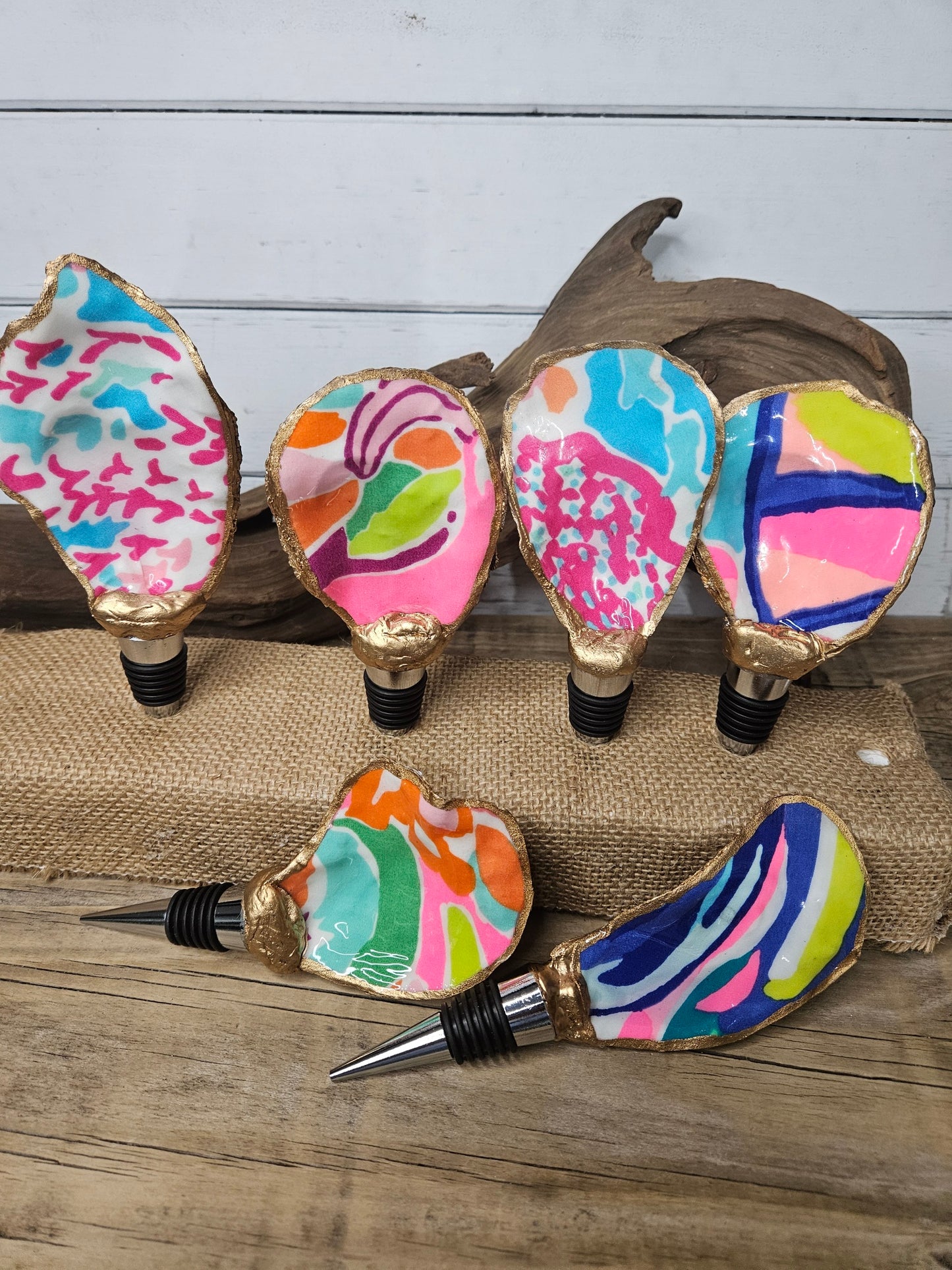 Lilly Print Decoupage Oyster Shell Wine Bottle Stopper | Coastal Hostess Gift