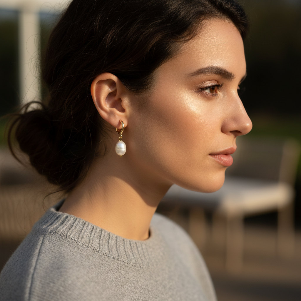 White Freshwater Pearl Gold Huggie Earrings