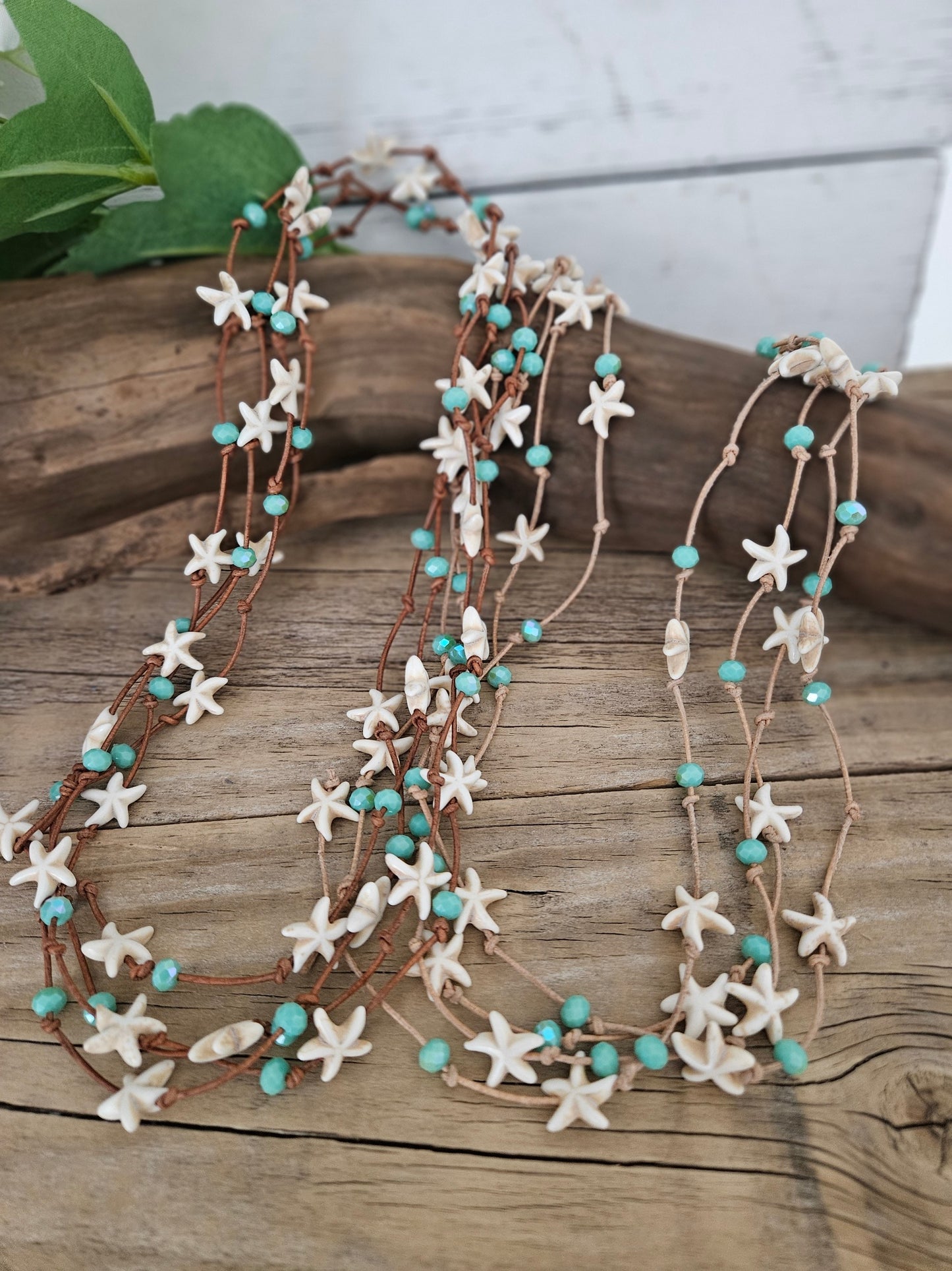 Cream Starfish Leather Wrap Necklace with Green Sparkle Glass Beads