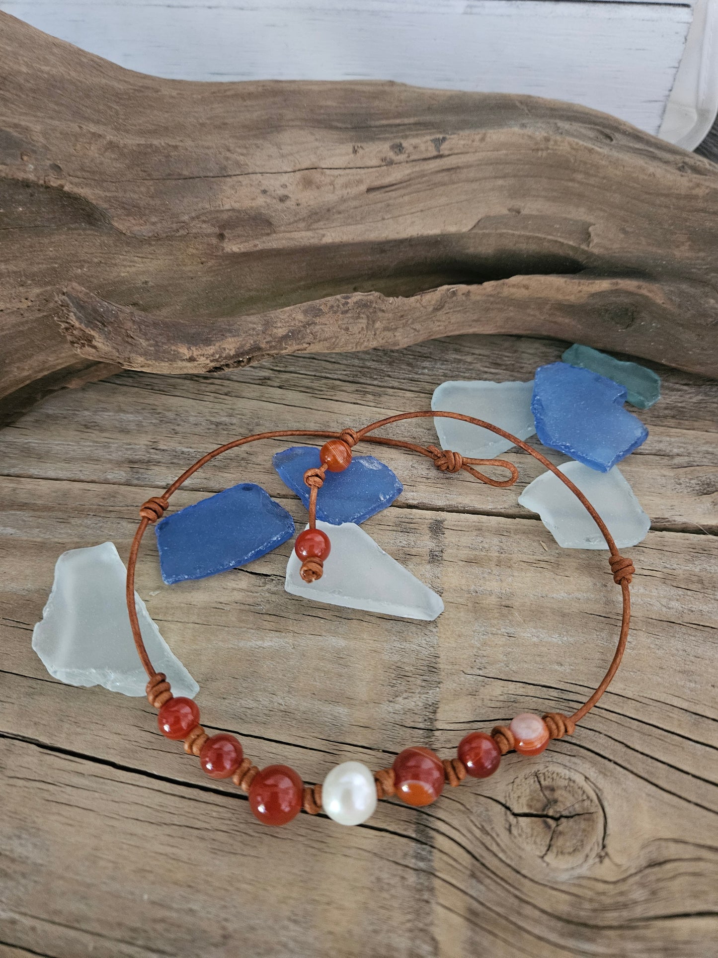 Red Agate & Pearl Leather Choker Necklace