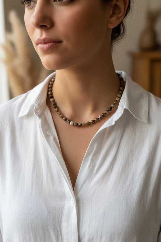 on model close up wearing white shirt 