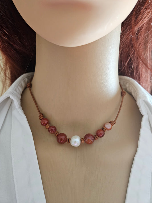 Red Agate & Pearl Leather Choker: Boho Hippie Necklace