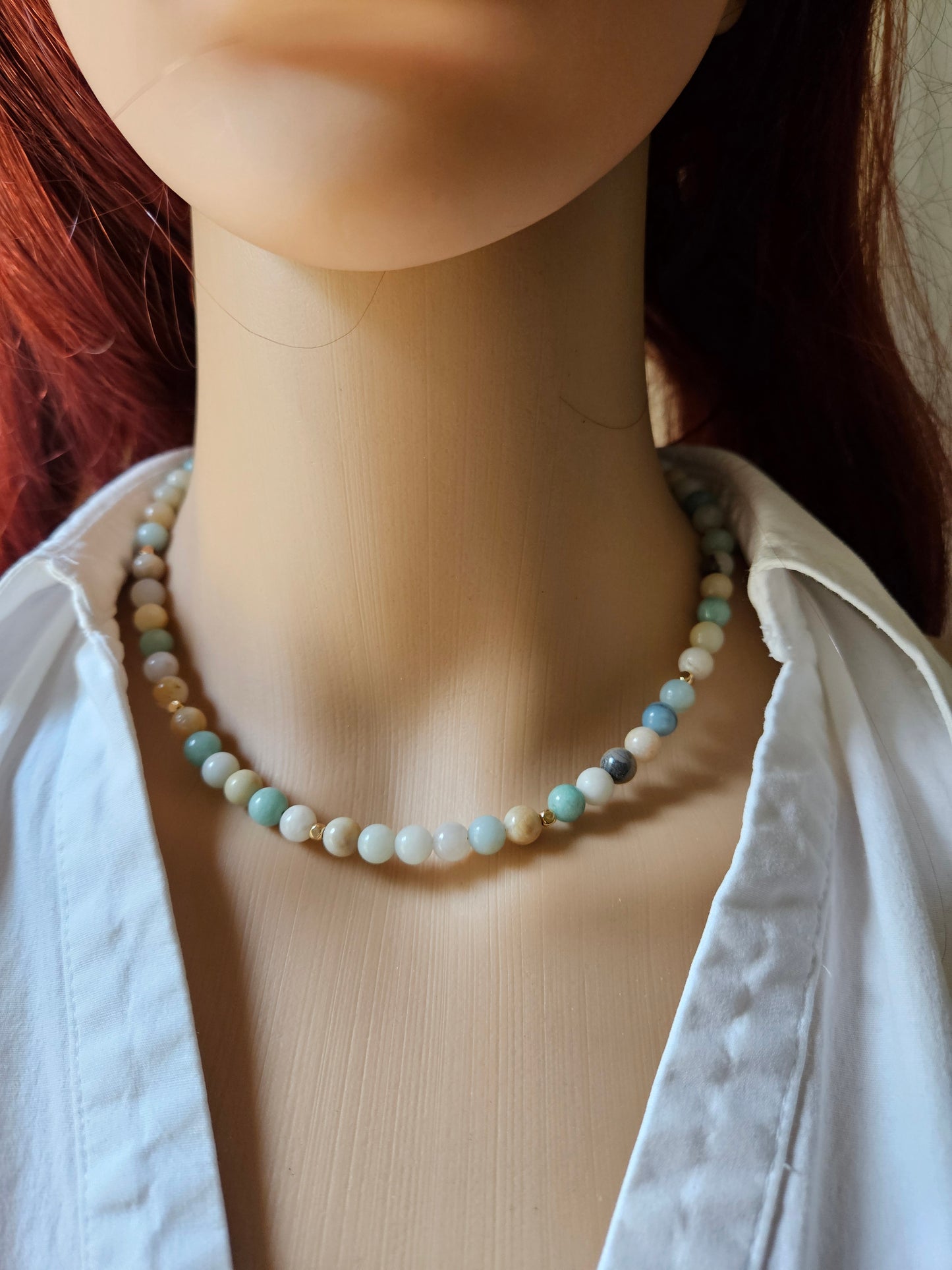 Beaded Amazonite Choker Necklace with Gold Stainless Steel Accents