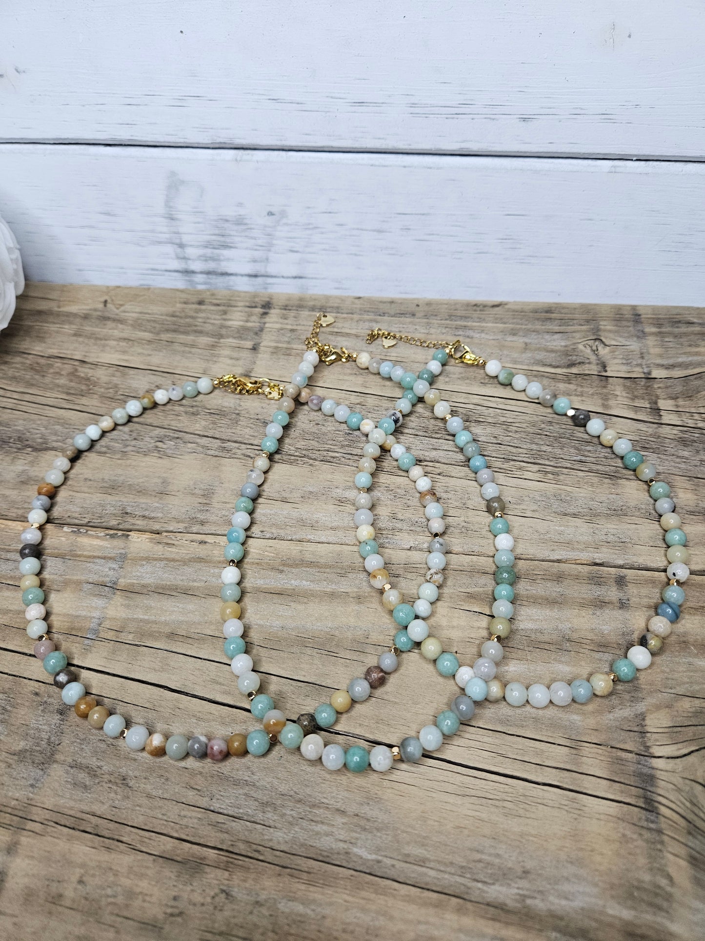 Beaded Amazonite Choker Necklace with Gold Stainless Steel Accents