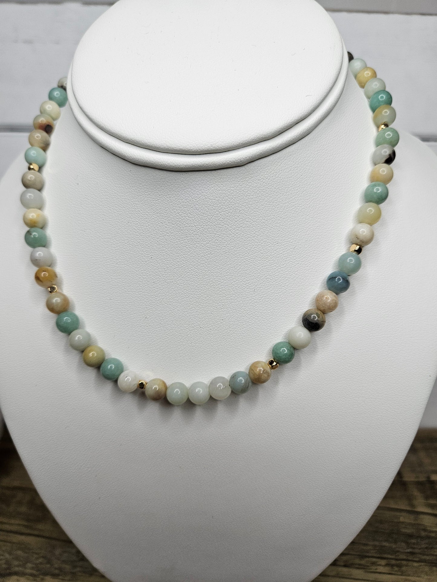 Beaded Amazonite Choker Necklace with Gold Stainless Steel Accents
