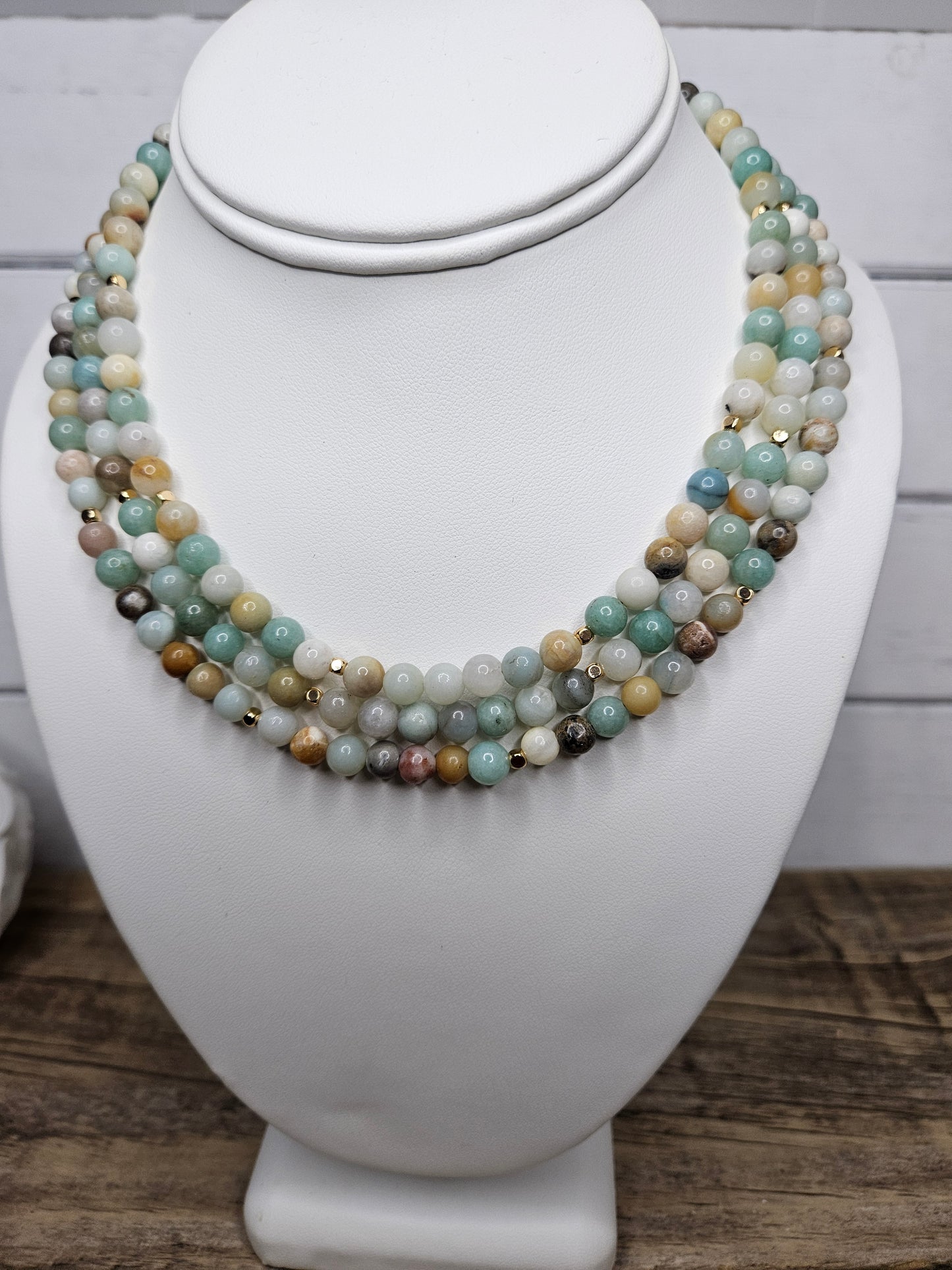 Beaded Amazonite Choker Necklace with Gold Stainless Steel Accents