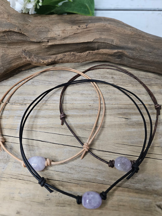 Amethyst Gemstone Nugget Choker on Leather