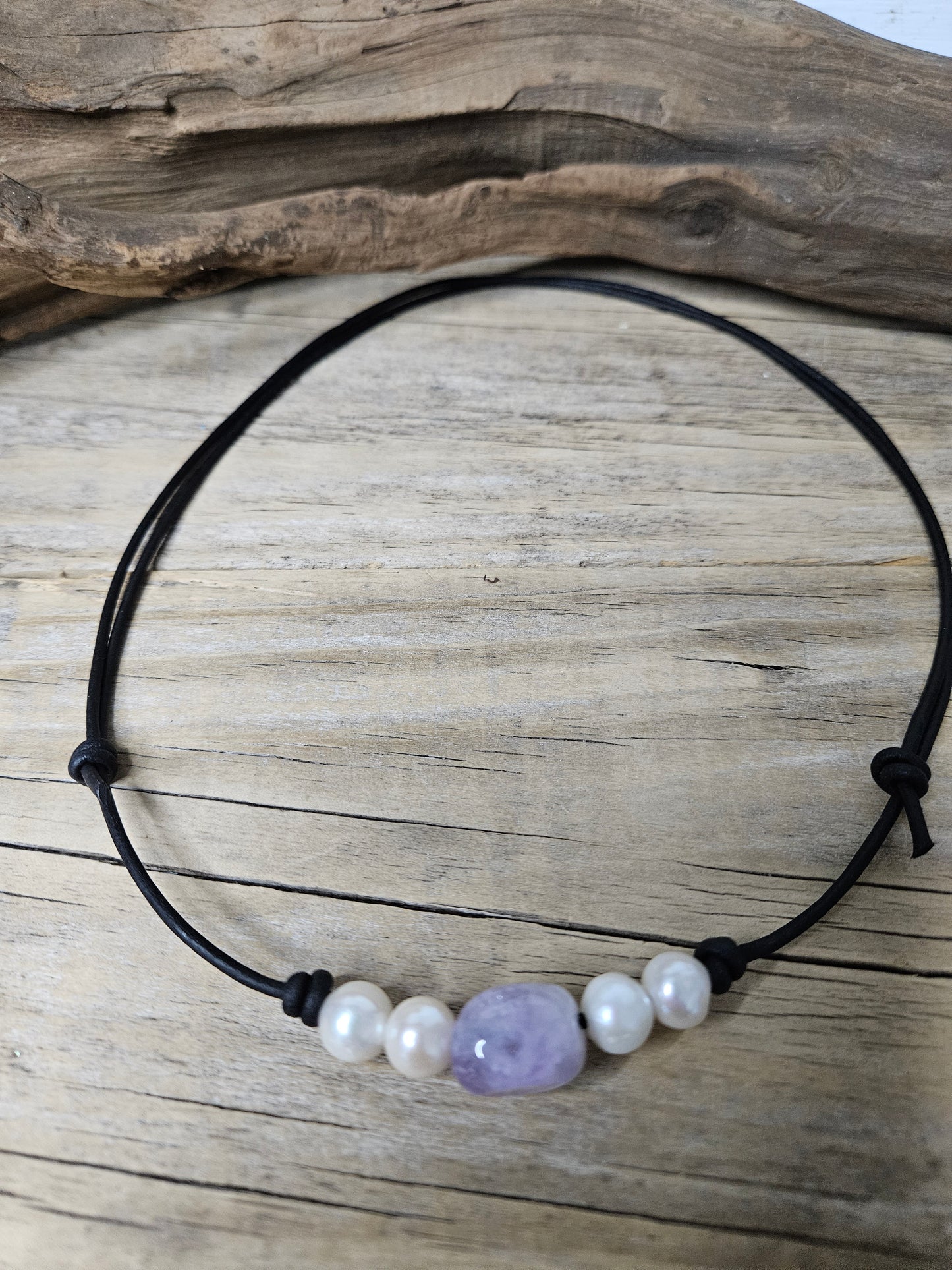 Freshwater Pearl & Amethyst Adjustable Leather Choker Necklace