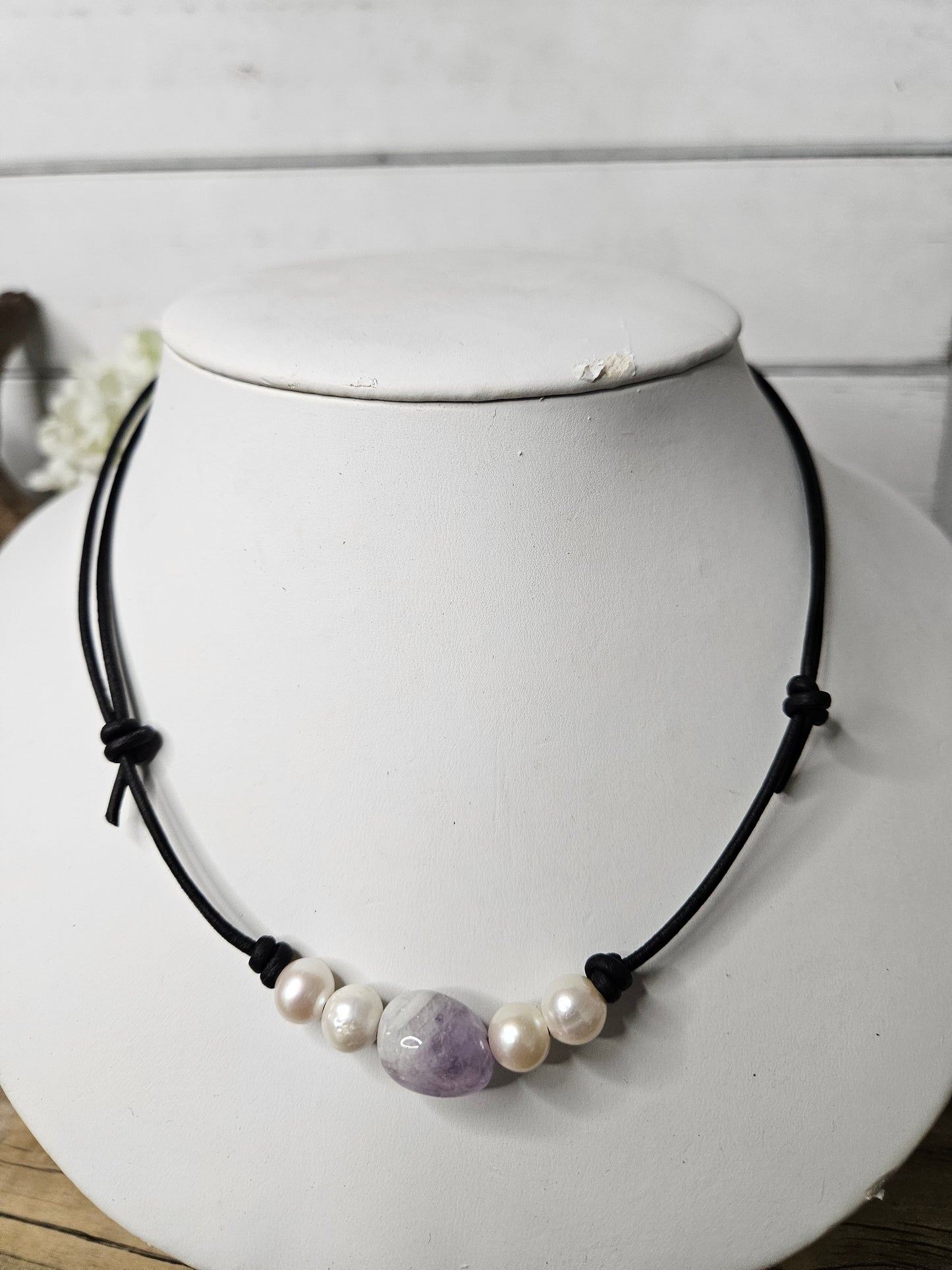 Freshwater Pearl & Amethyst Adjustable Leather Choker Necklace