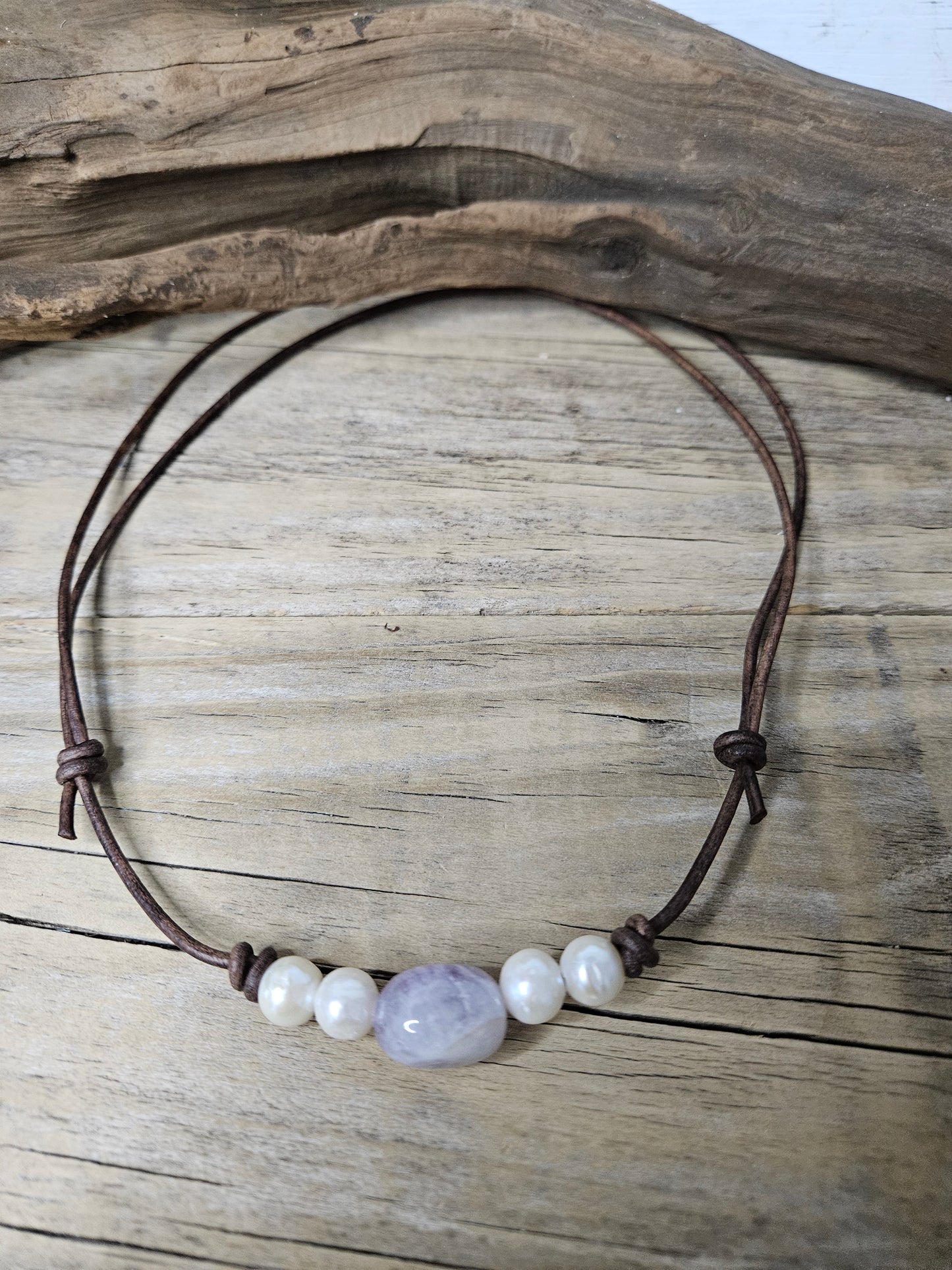 Freshwater Pearl & Amethyst Adjustable Leather Choker Necklace