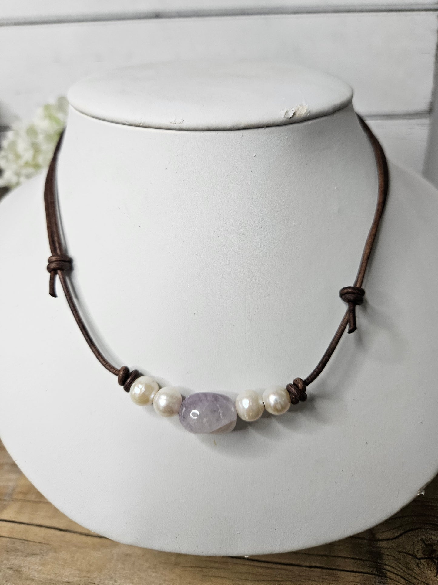 Freshwater Pearl & Amethyst Adjustable Leather Choker Necklace