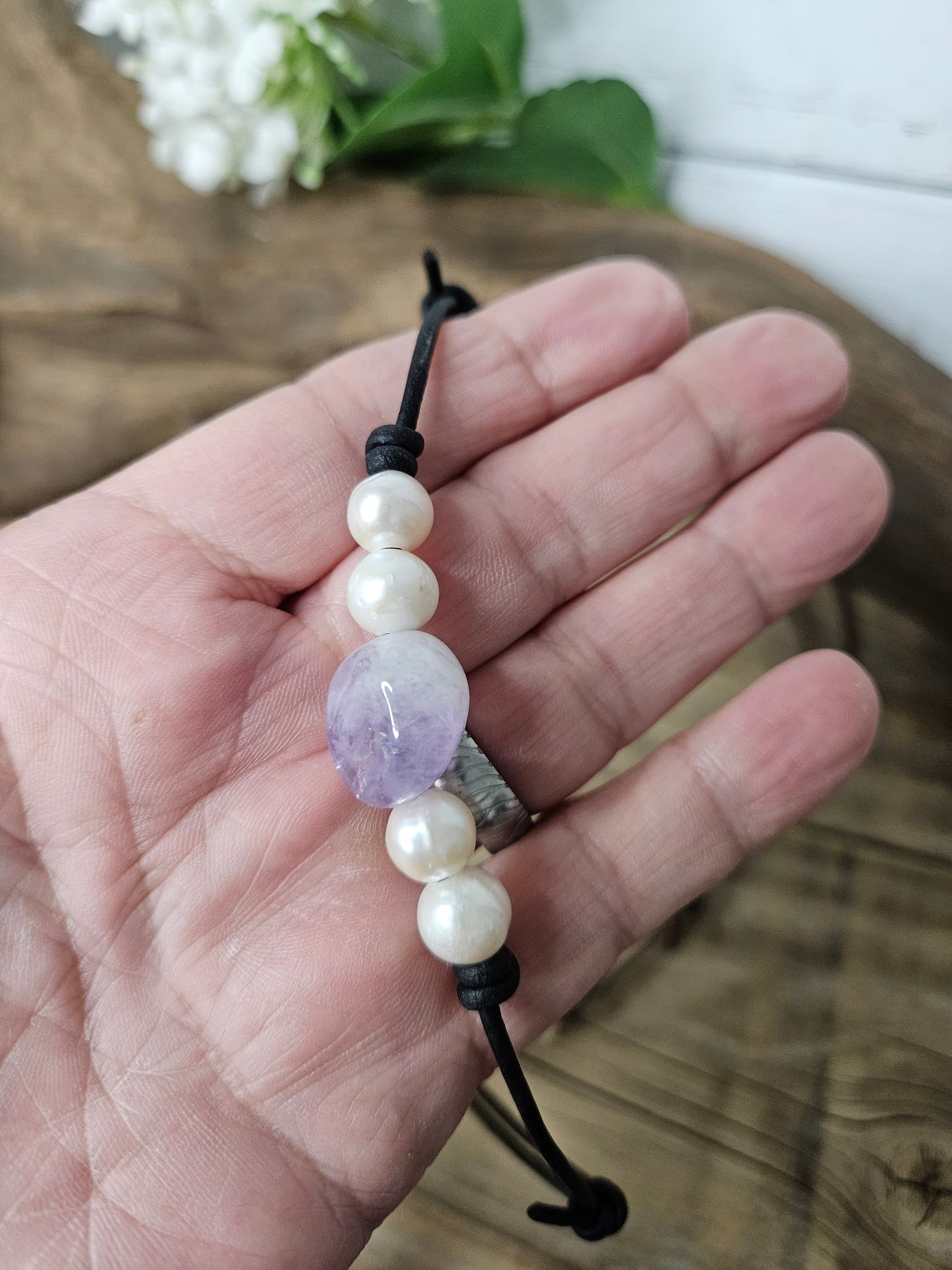 Freshwater Pearl & Amethyst Adjustable Leather Choker Necklace