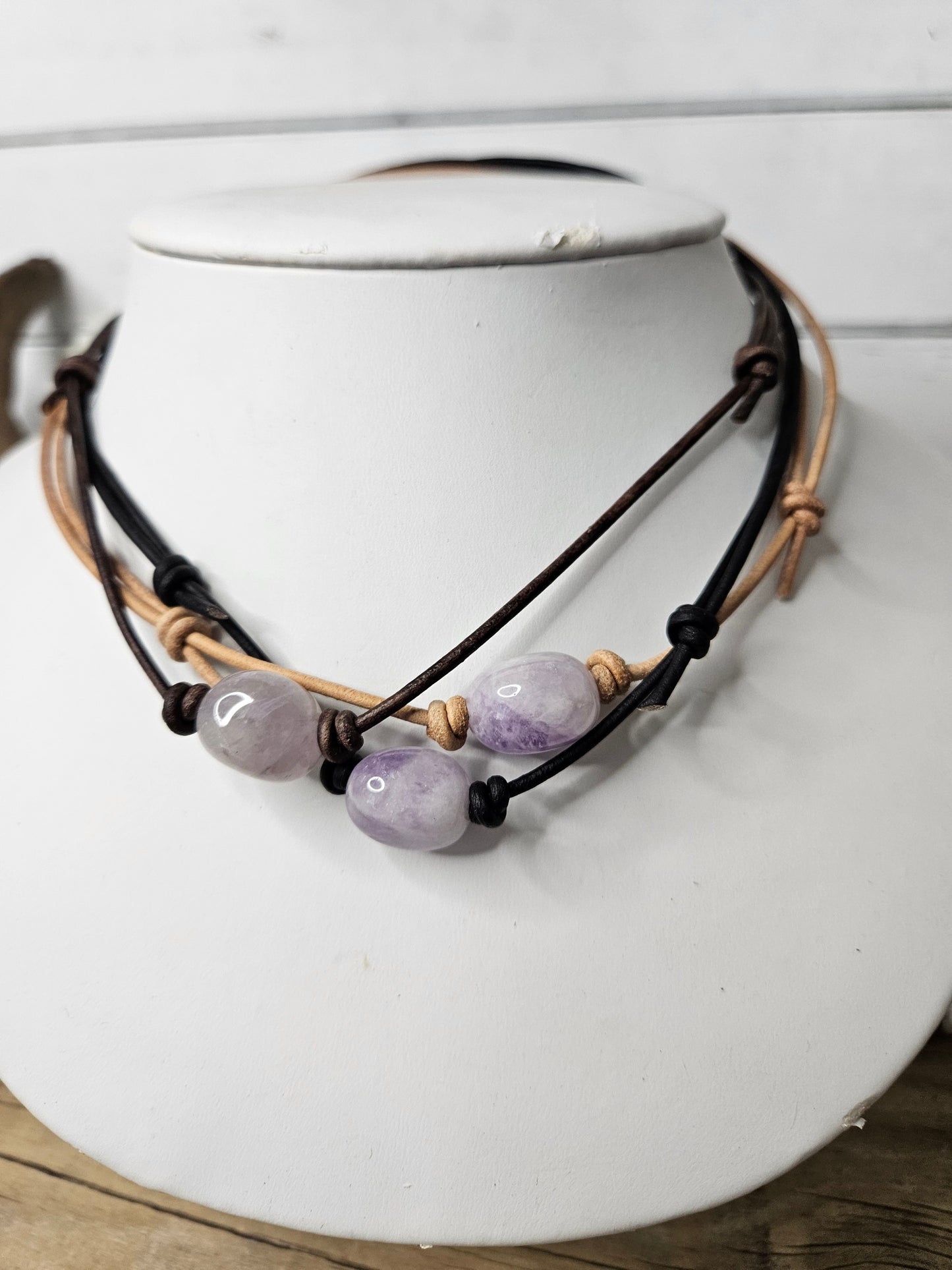 Amethyst Gemstone Nugget Choker on Leather