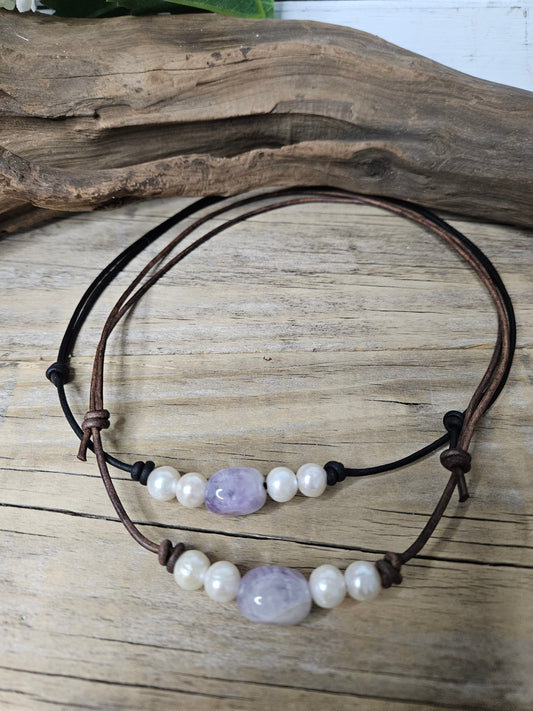 Freshwater Pearl & Amethyst Adjustable Leather Choker Necklace