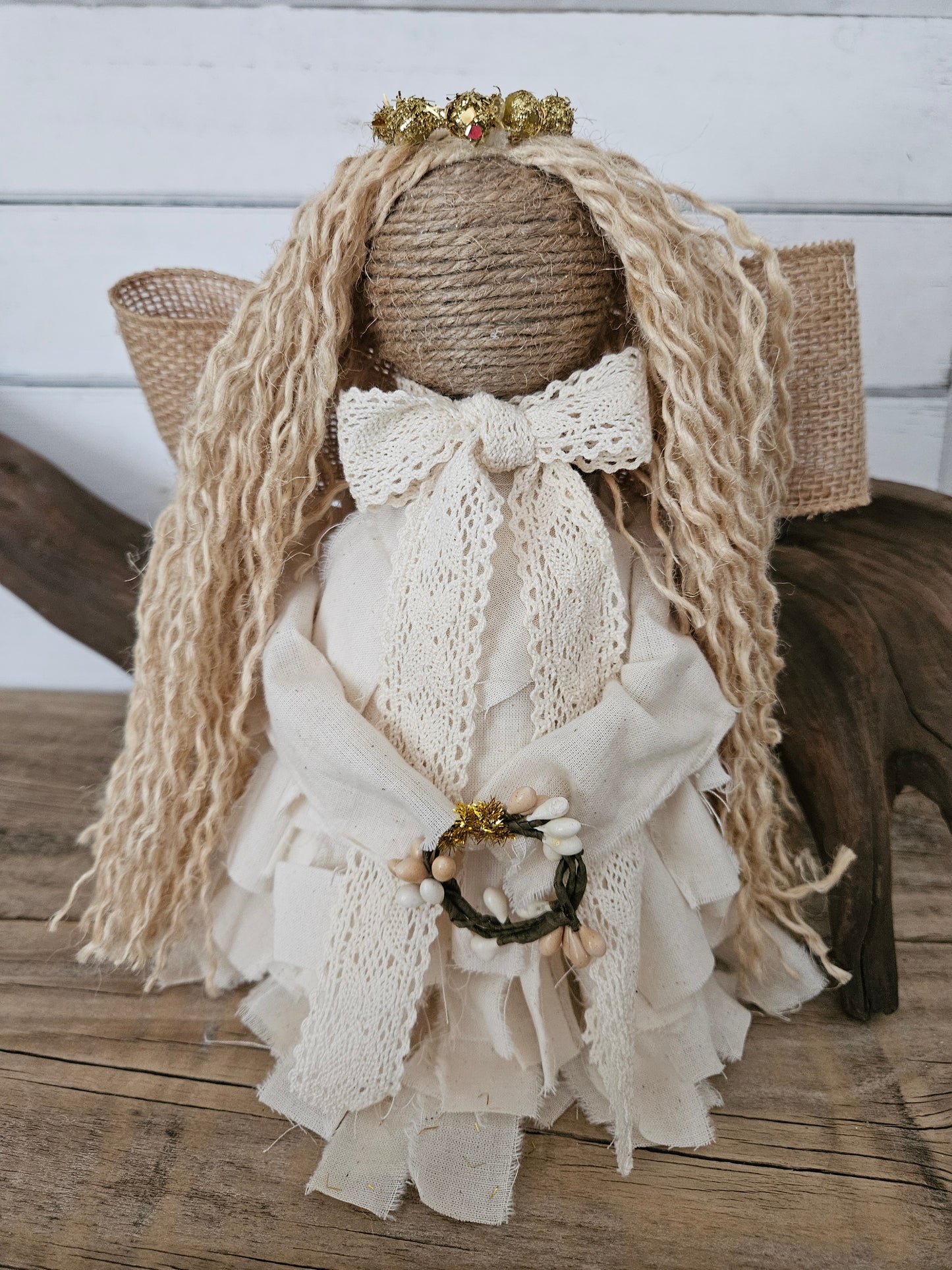 Handmade Rag Angel Christmas Tree Topper – Cream Muslin, Boho Farmhouse