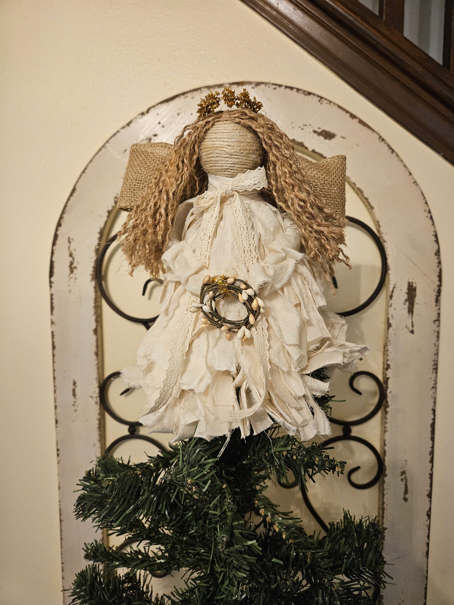 Handmade Rag Angel Christmas Tree Topper – Cream Muslin, Boho Farmhouse