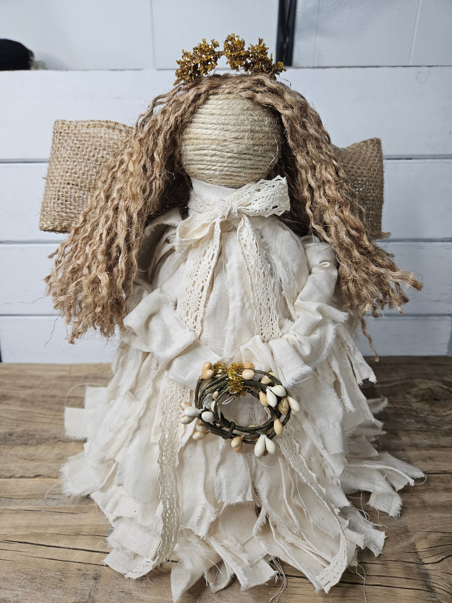 Handmade Rag Angel Christmas Tree Topper – Cream Muslin, Boho Farmhouse