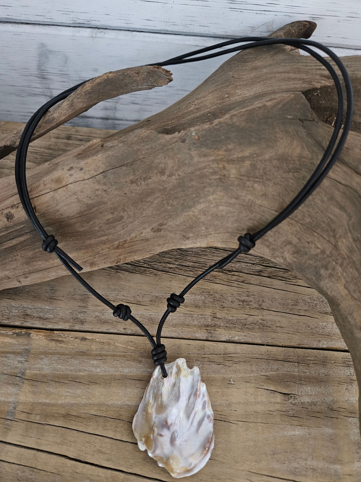 Boho Leather & Blister Pearl Angel Wing Necklace: Adjustable Hippie Pendant