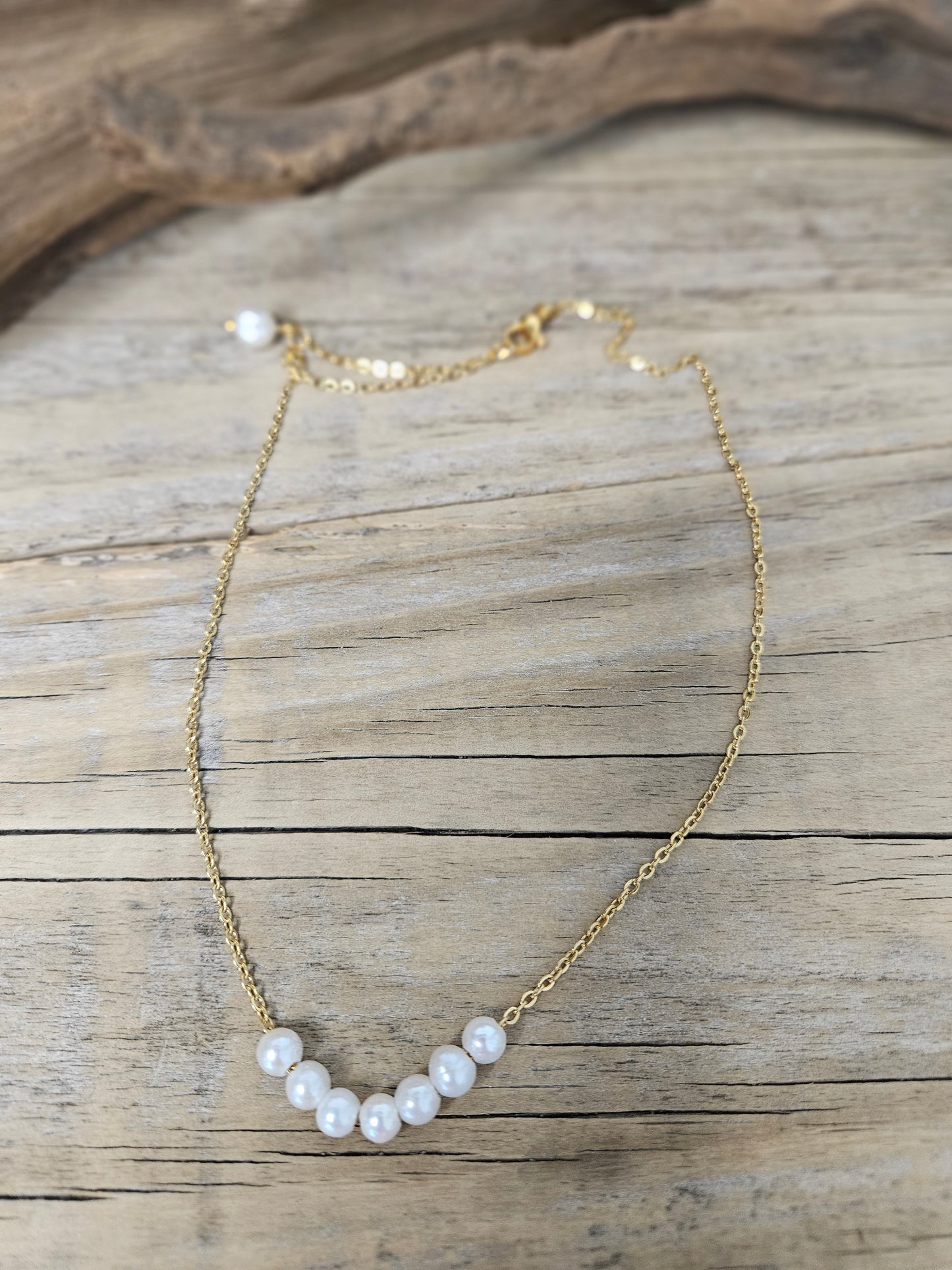 Floating Freshwater White Pearl Necklace on Gold Chain
