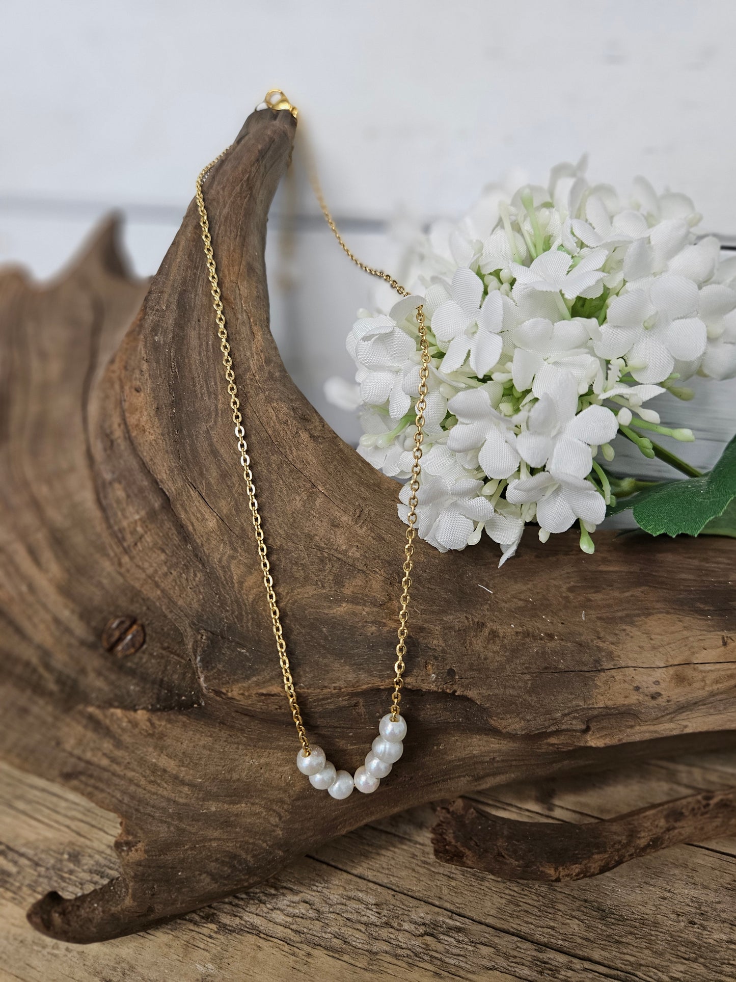 Floating Freshwater White Pearl Necklace on Gold Chain