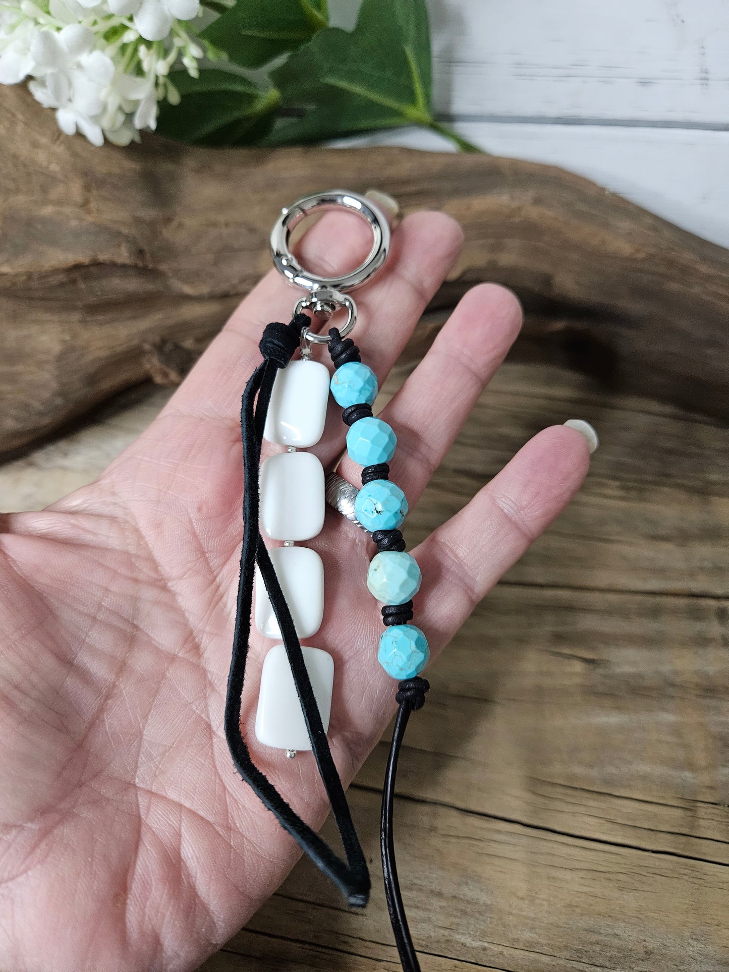 Turquoise Howlite & Agate Stone Leather Tassel Handbag Charm