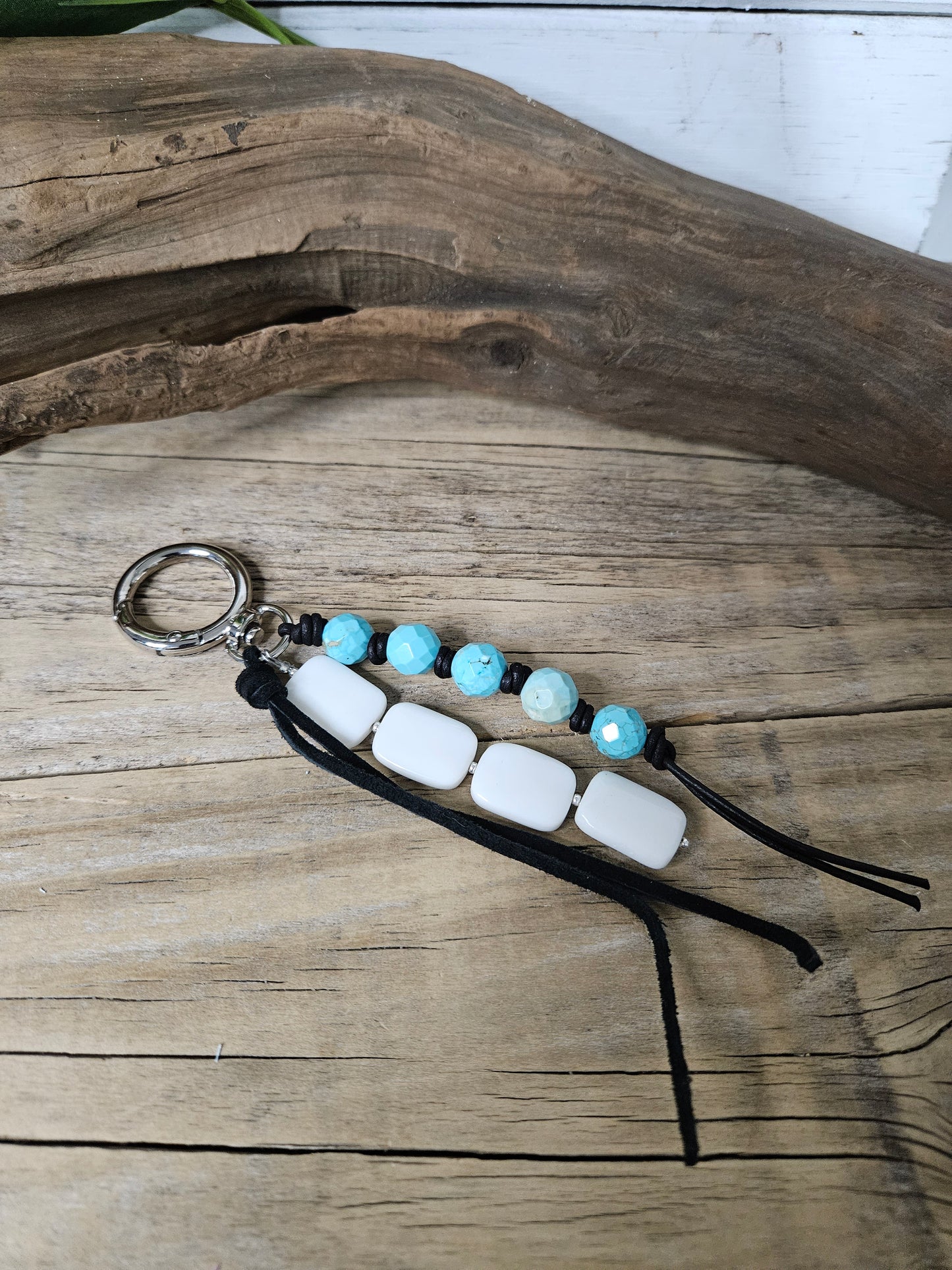 Turquoise Howlite & Agate Stone Leather Tassel Handbag Charm