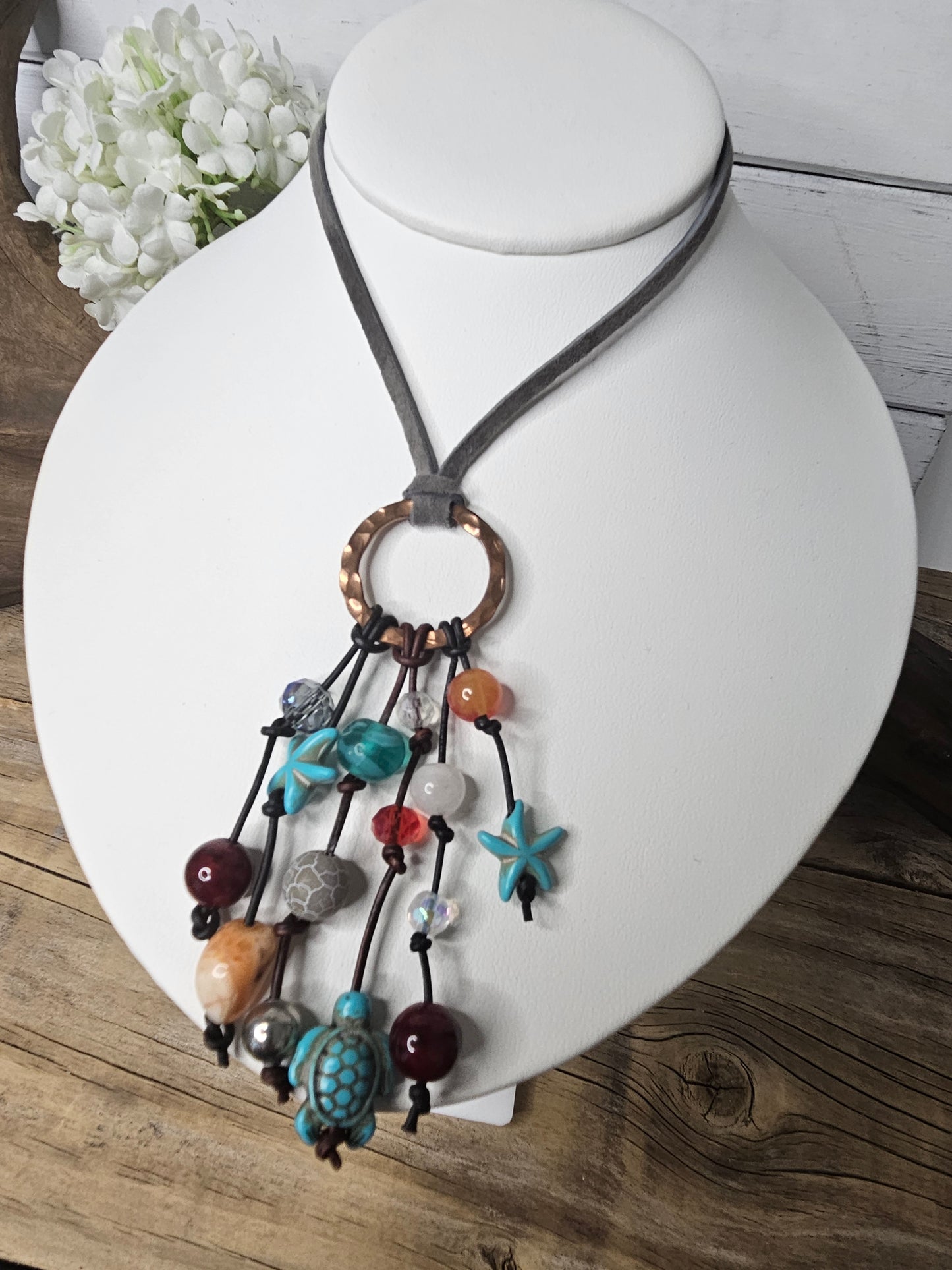 Copper Hammered Ring Gemstone Bead Mix Charm Necklace