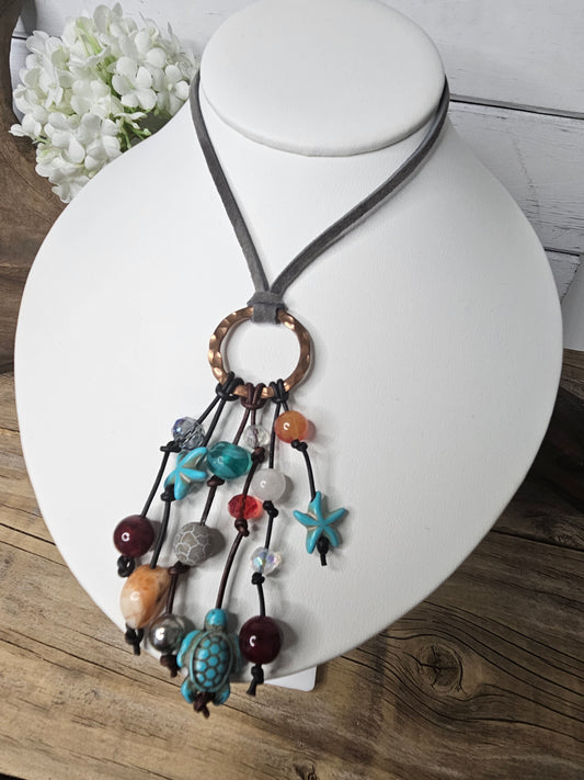 Copper Hammered Ring Gemstone Bead Mix Charm Necklace