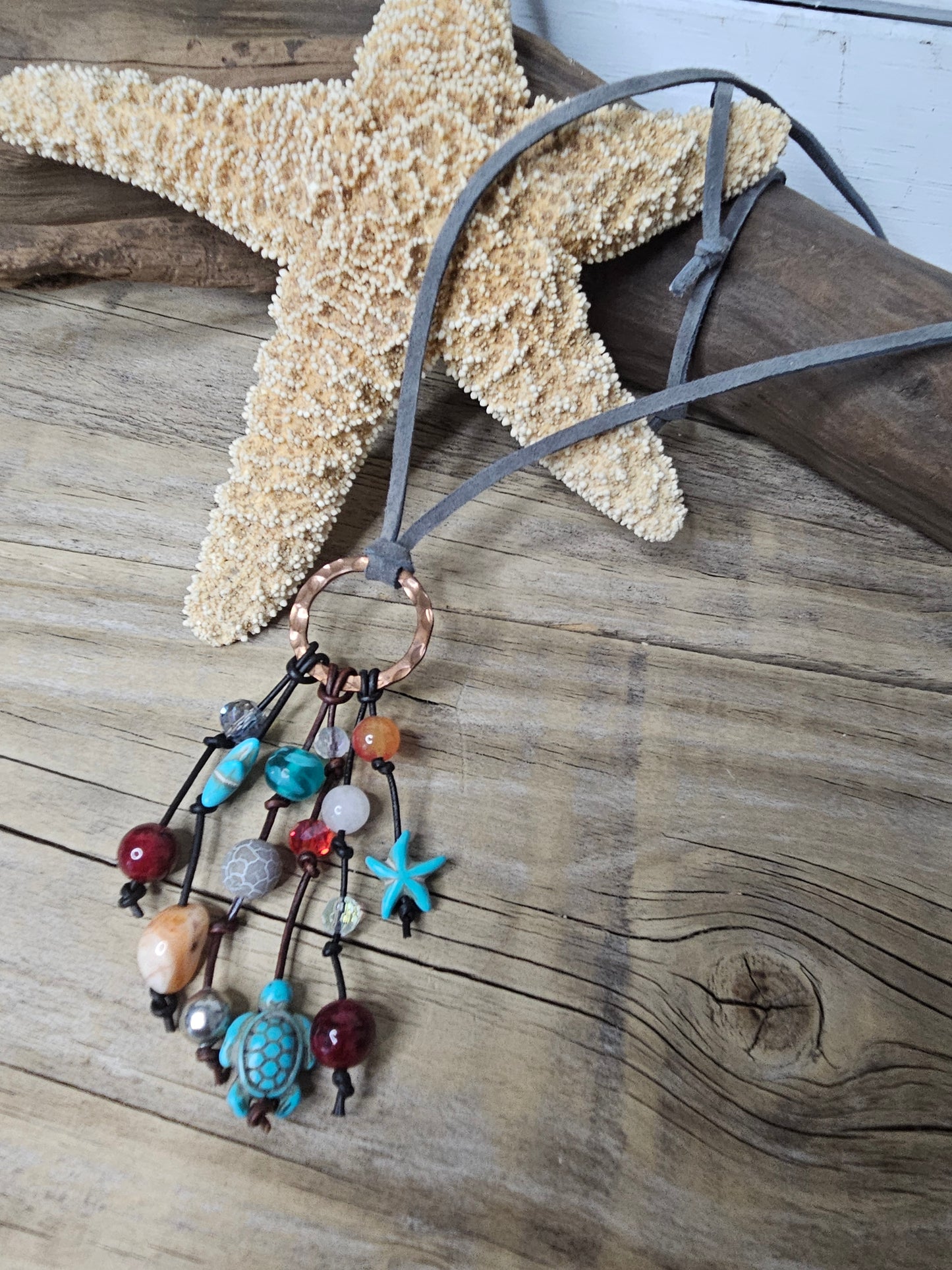 Copper Hammered Ring Gemstone Bead Mix Charm Necklace