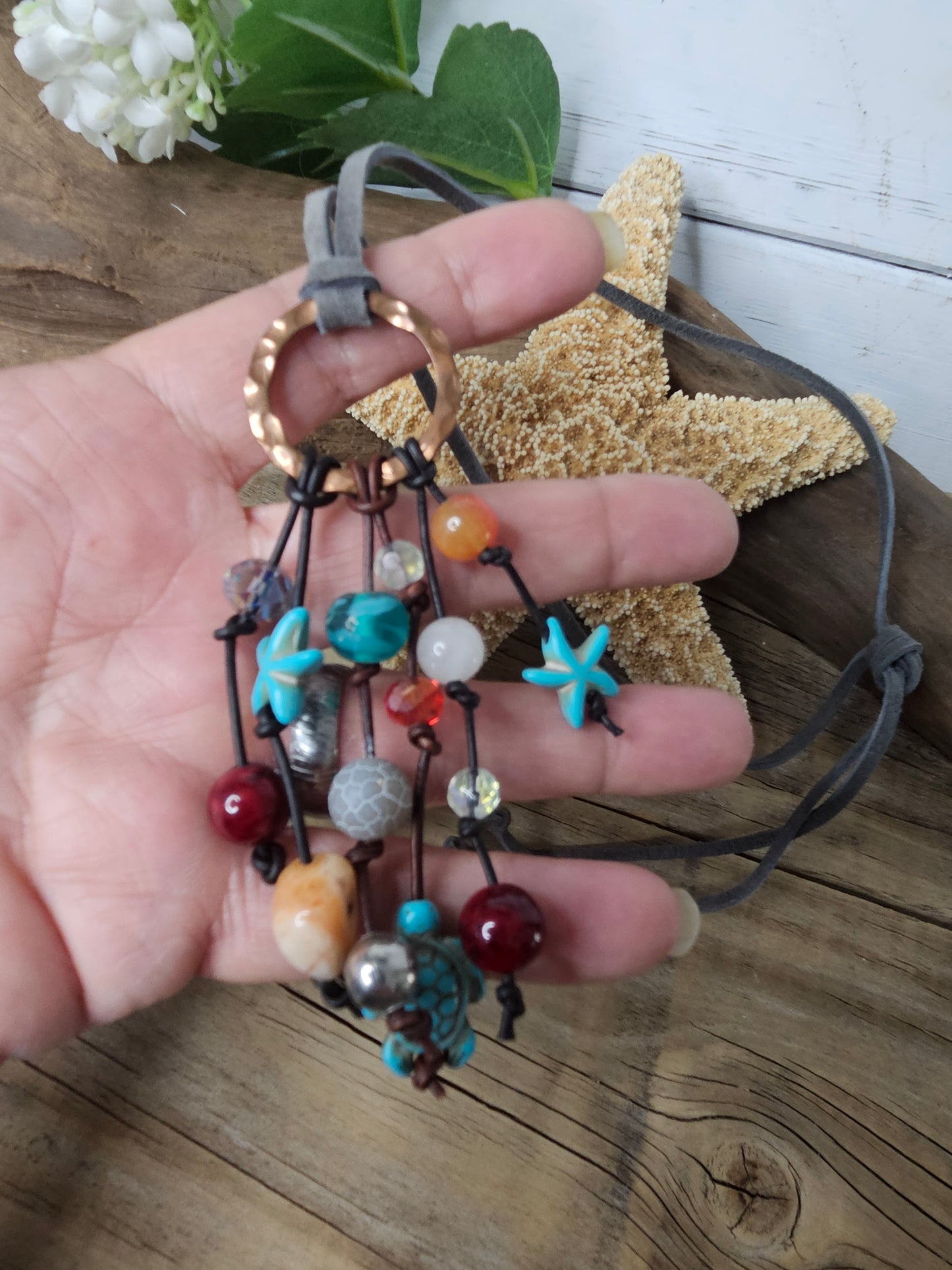 Copper Hammered Ring Gemstone Bead Mix Charm Necklace