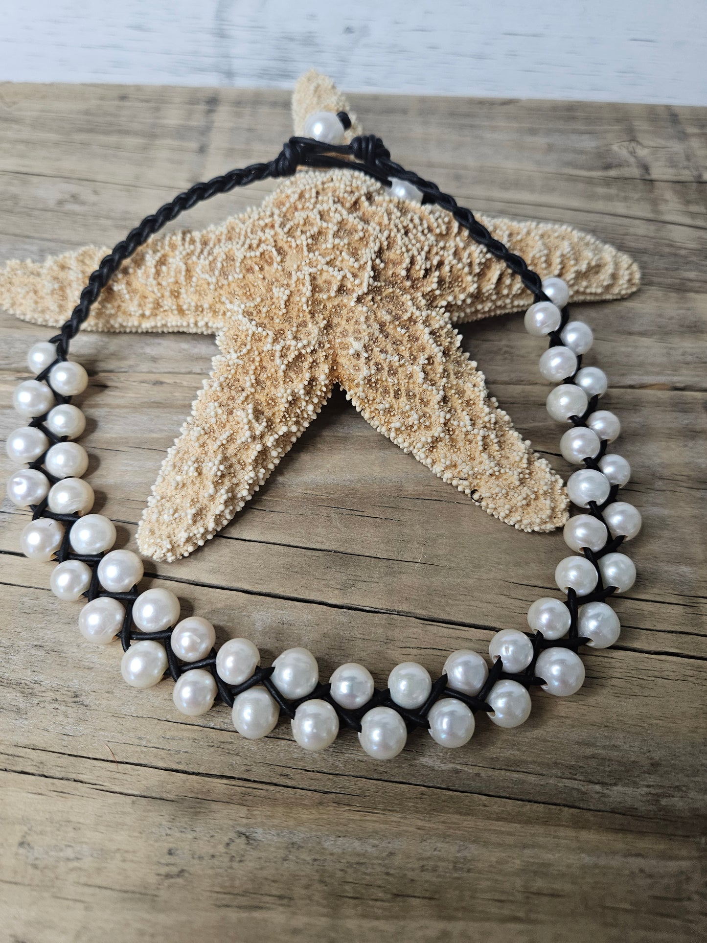 Braided Black Leather Pearl Choker Necklace