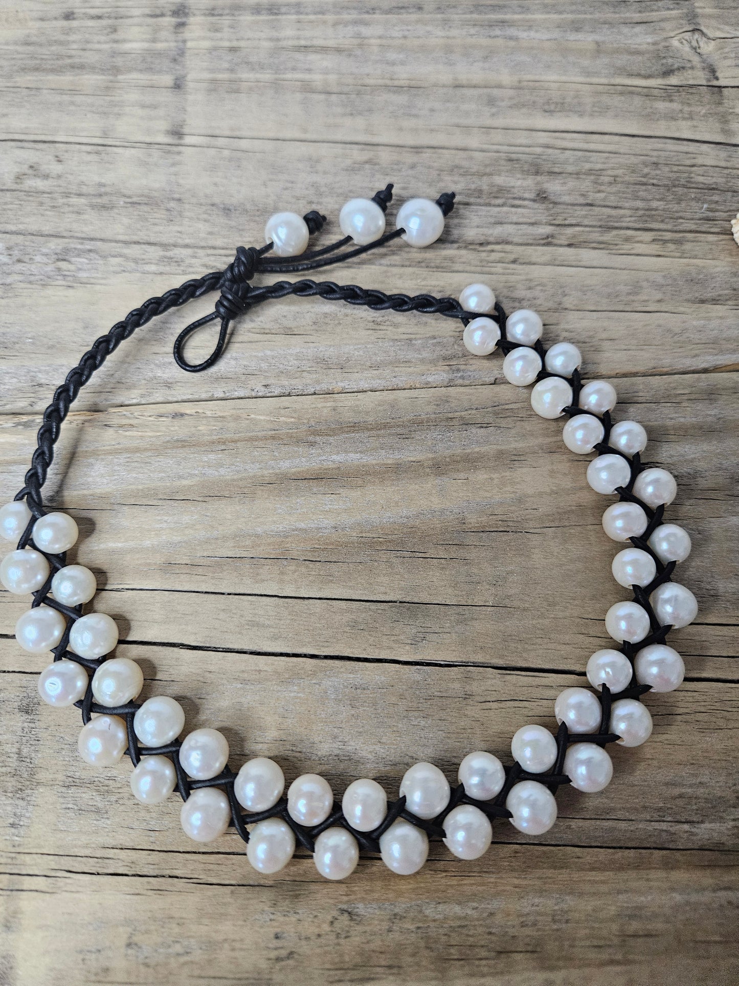 Braided Black Leather Pearl Choker Necklace