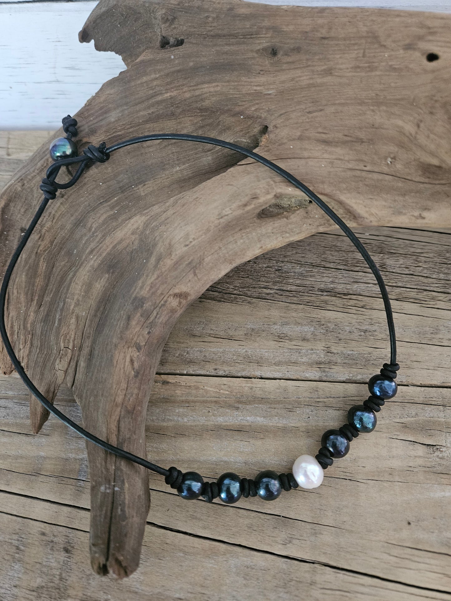 Boho Beach Pearls on Black Leather Necklace