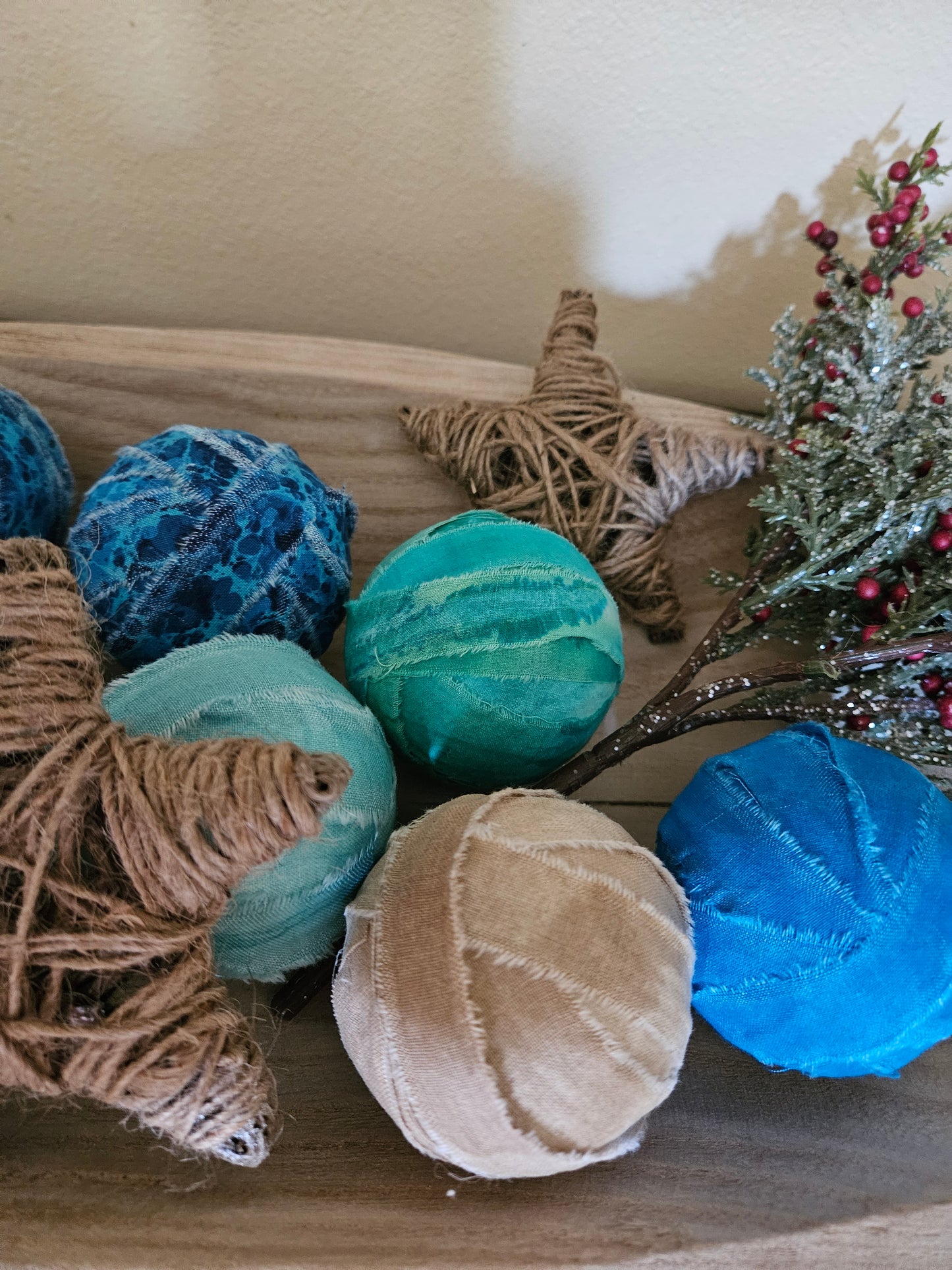 Rustic Beach Cottage Rag Ball & Jute Starfish Holiday Bowl Fillers 9 Piece