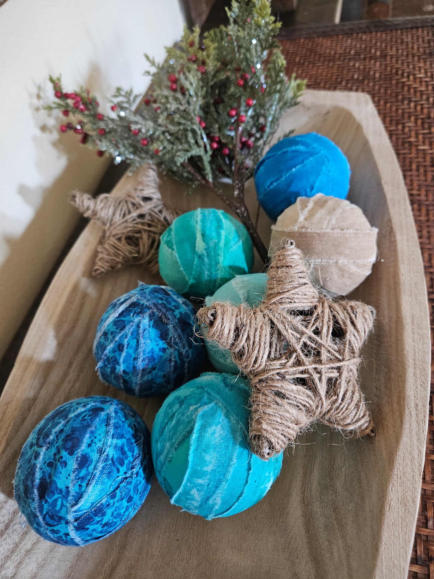 Rustic Beach Cottage Rag Ball & Jute Starfish Holiday Bowl Fillers 9 Piece