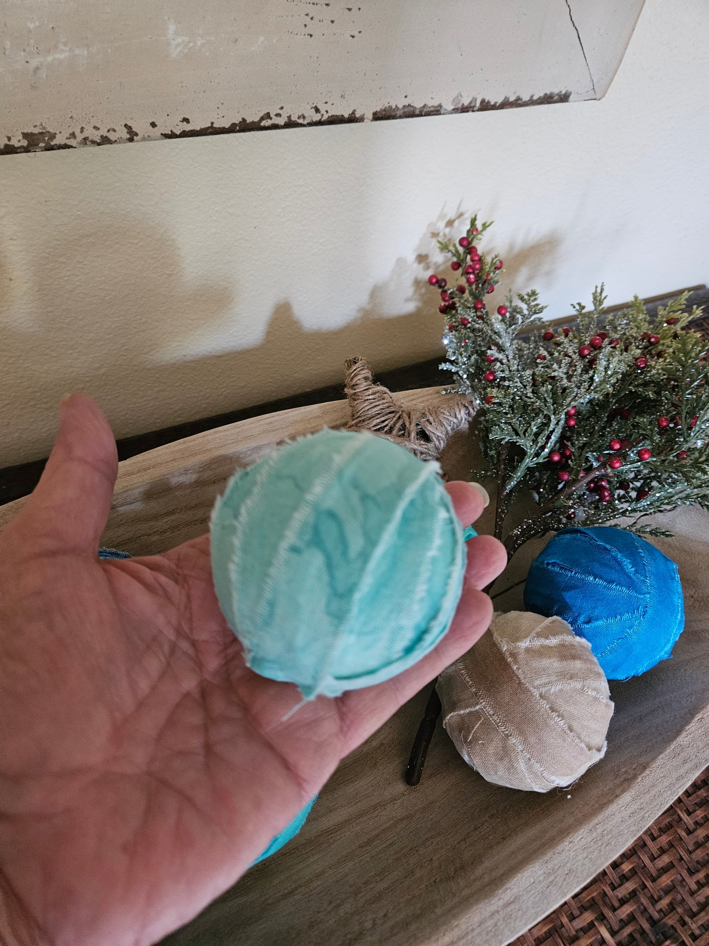 Rustic Beach Cottage Rag Ball & Jute Starfish Holiday Bowl Fillers 9 Piece