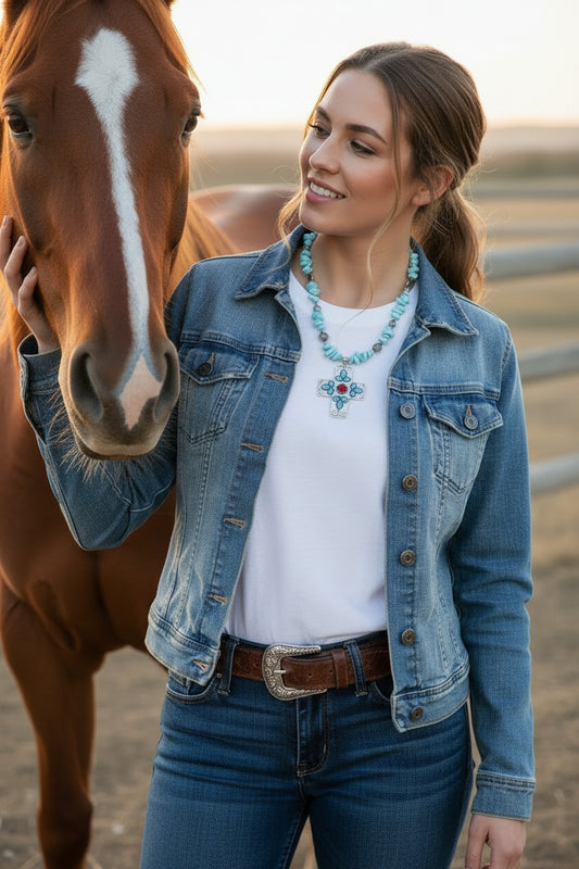 Blue Magnesite Chunky Southwest Theme Cross Pendant Necklace