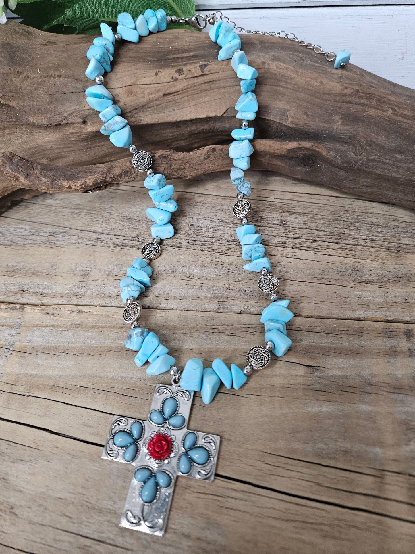 Blue Magnesite Chunky Southwest Theme Cross Pendant Necklace