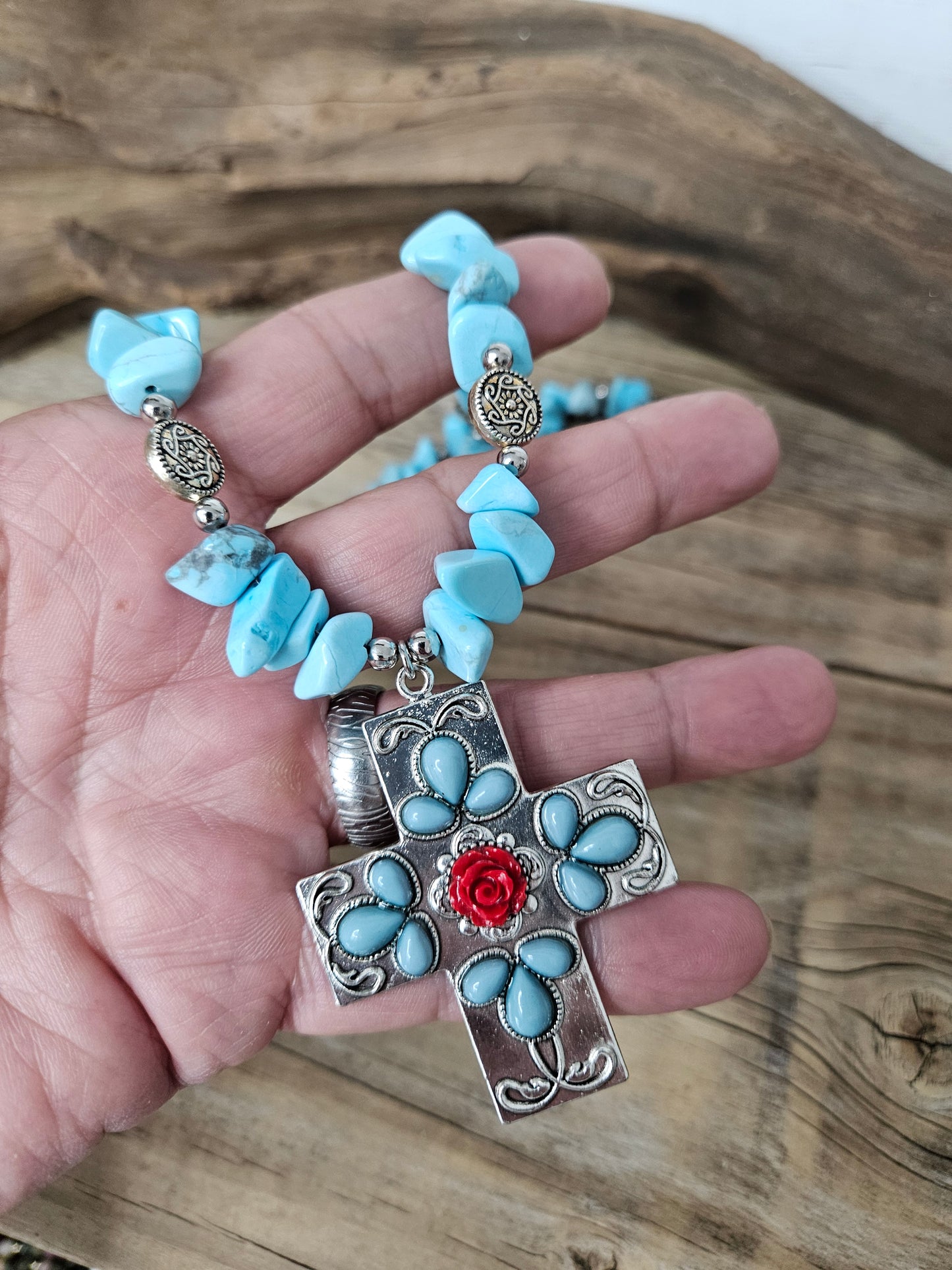 Blue Magnesite Chunky Southwest Theme Cross Pendant Necklace