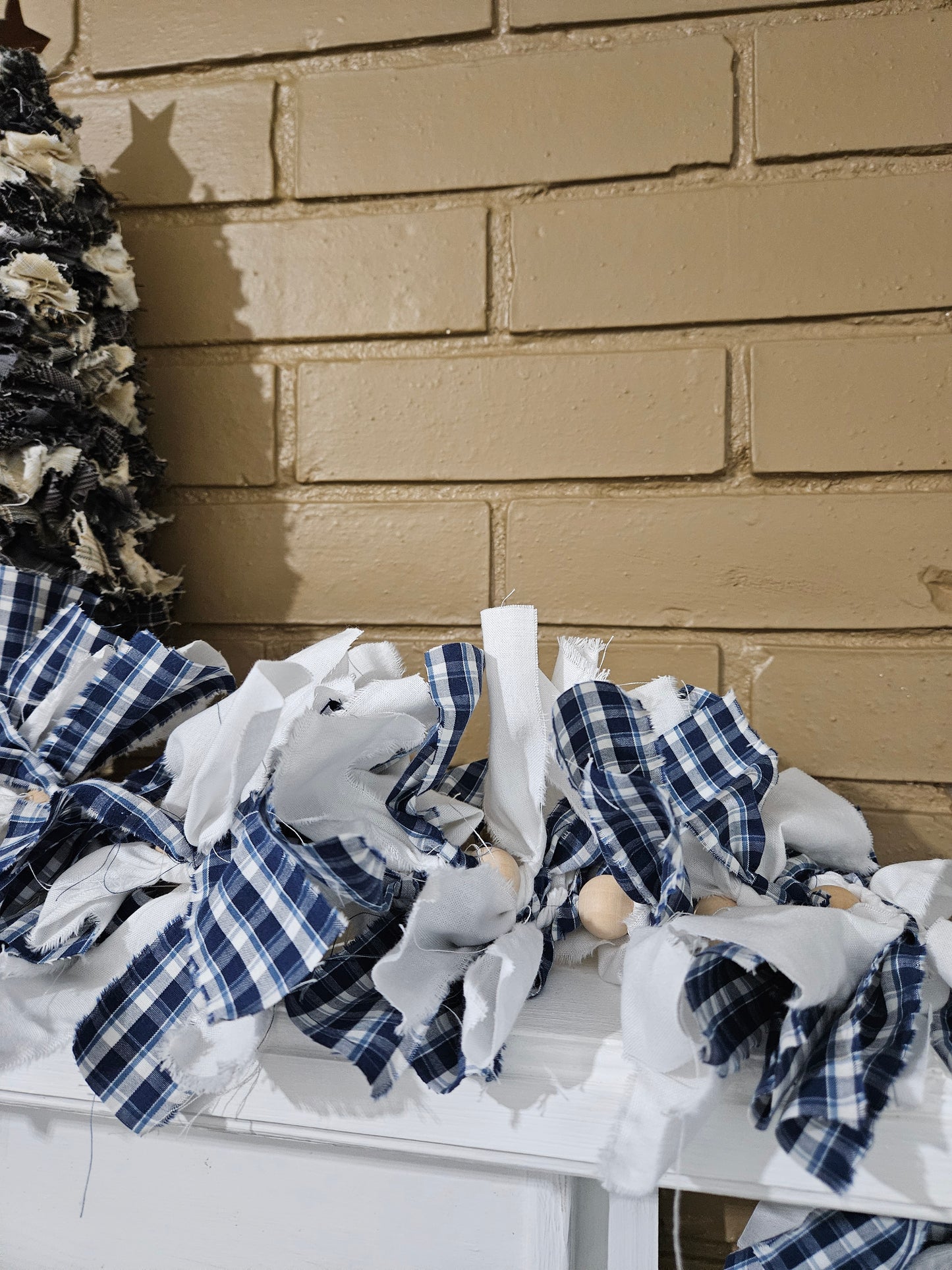 Boho Chic Primitive Farmhouse blue /white Garland ,long Mantel Garland ,Home Décor
